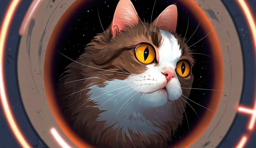 Artwork. An illustration of the head of a cat framed in the center of round glowing circles. Portrait.