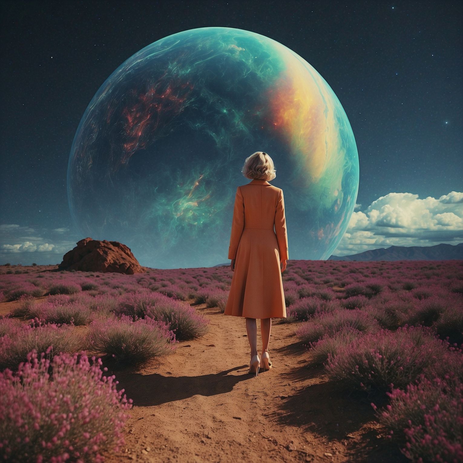 With another universe in the horizon, A woman in an orange dress strolls through a lavender field, surrounded by vibrant purple blooms. Generated by LeonardoAI.