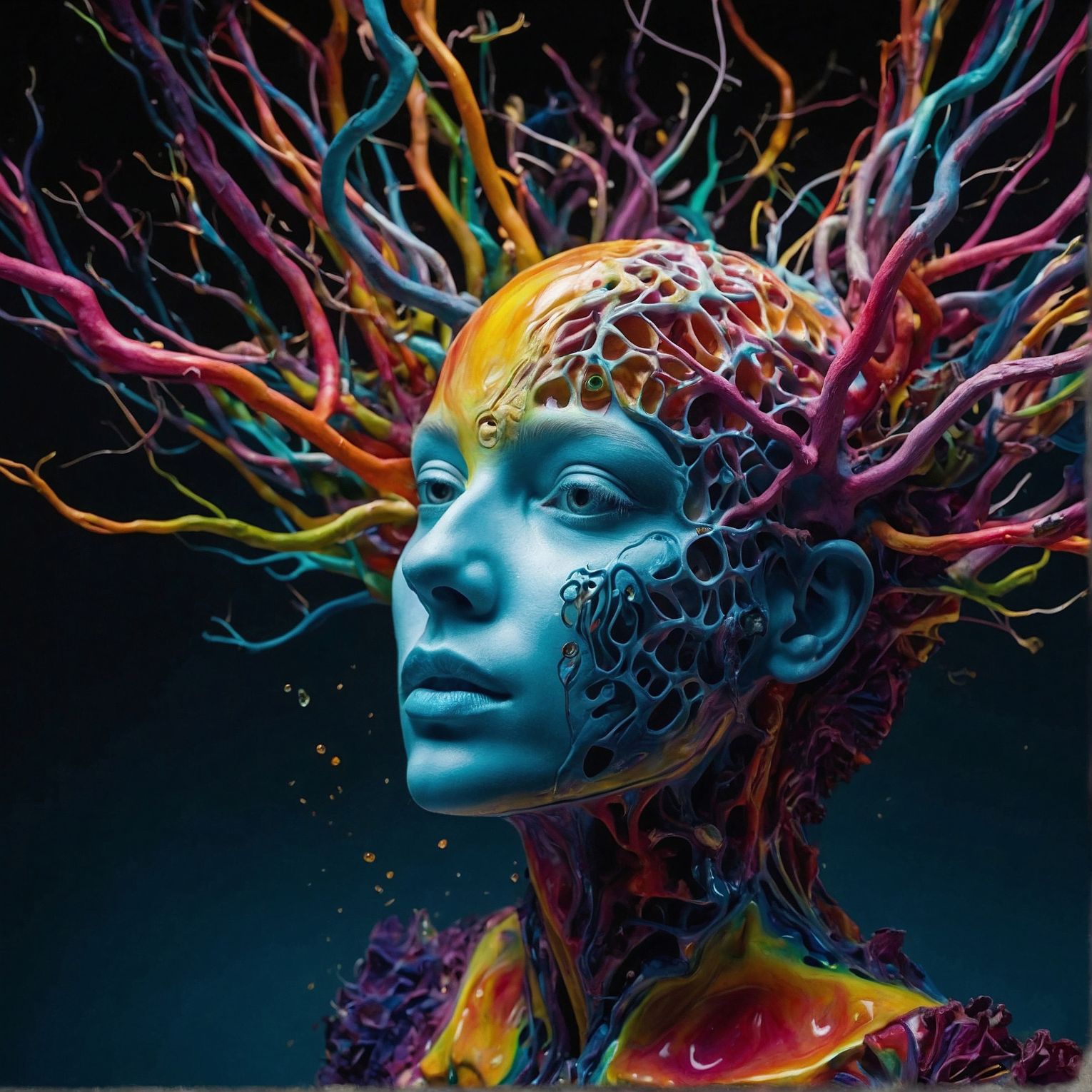 Artwork. A humanoid face of a woman, her brain exposed as a vast neural network extending from her head like a chaotic root system. LeonardoAI.
