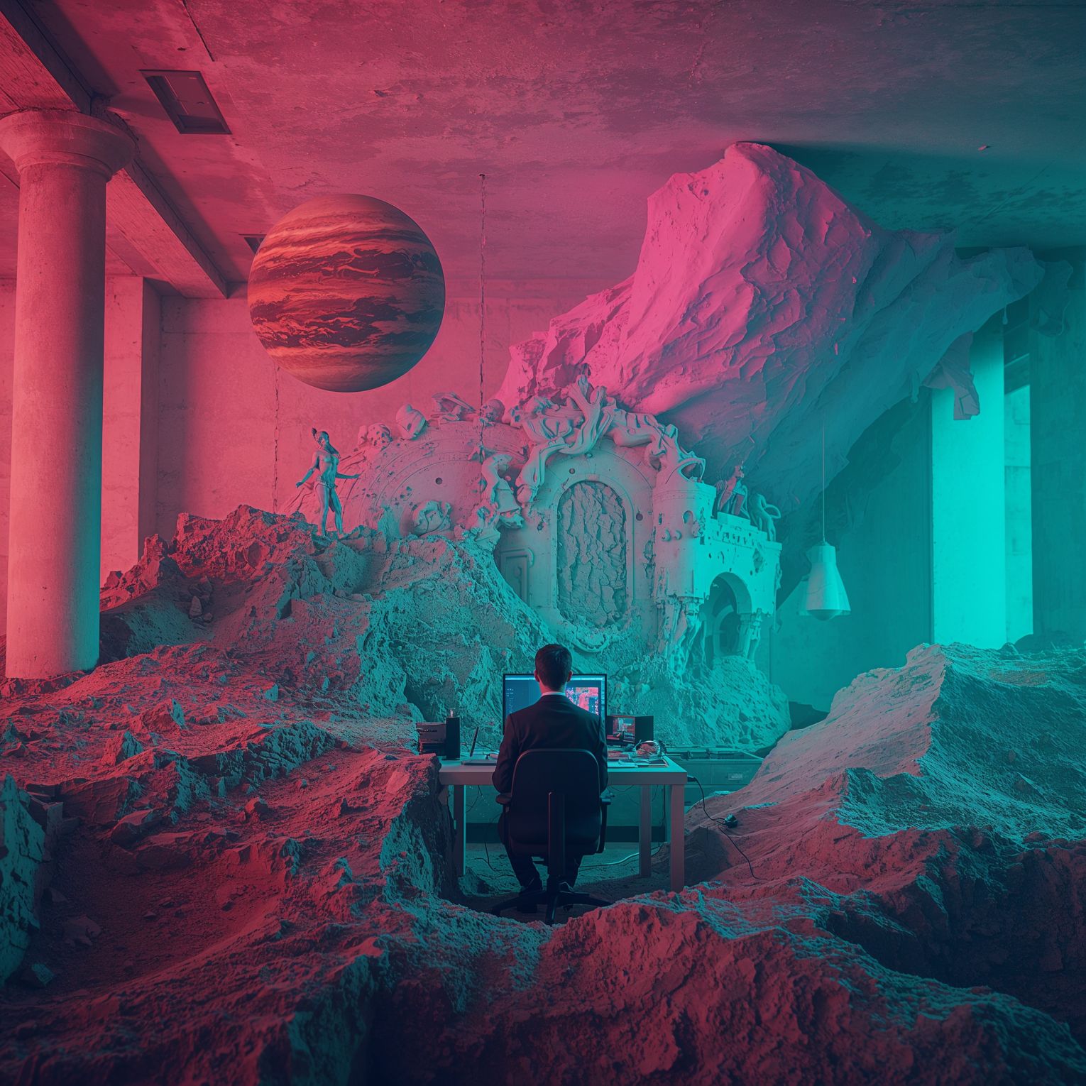 A surreal and vibrant cinematic photo designed by Lumon from the show Severance. Surreal photography and photorealistic elements, film grain texture, and a color palette that shifts between calming pastels and ominous neon hues, evoking a sense of unease and discomfort, every detail meticulously crafted to convey a sense of dystopian unease beneath a veneer of corporate pleasantry. The image is about existing in a universe that is a bit off-putting and unnerving. It's a cosmic look at corporate life, placing a dystopian office scene among tarot-styled planets and cosmic features. It suggests that the work continues long after death and there's no escape from the toil. The image hints at madness, a losing of one's mind blending quiet desperation with complete hallucination. The image is a cautionary tale of a lost soul.