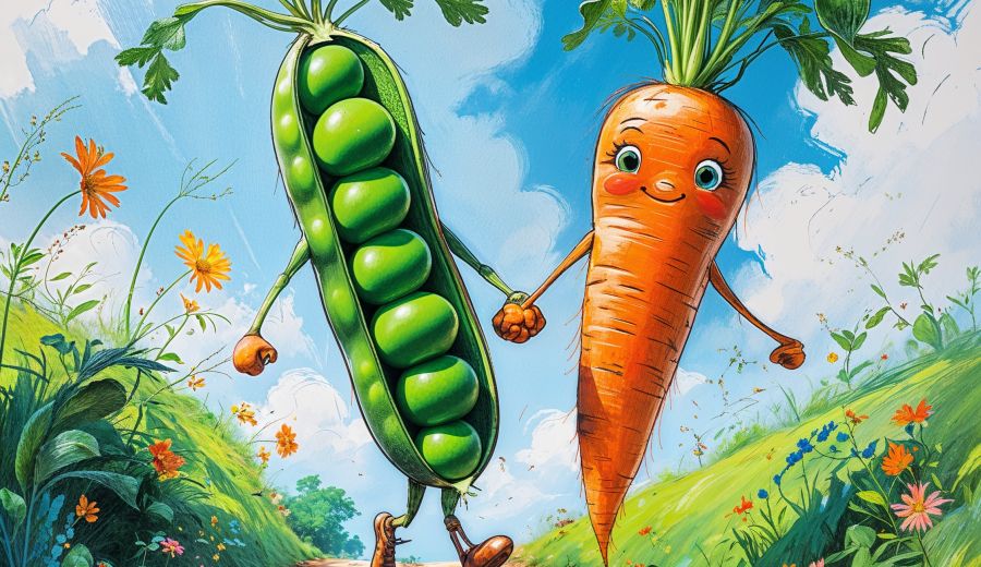 a vibrant rough color pencil sketch of Peas and Carrots in a loving relationship, with Peas having bright green skin and Carrots having warm orange skin, holding hands, skipping down a winding dirt path lined with lush greenery and colorful wildflowers, surrounded by a clear blue sky with fluffy white clouds, pencil marks and paper texture visible, with soft gentle lighting and a sense of joy and freedom, capturing the beauty of their love and connection as they embark on life's journey together.