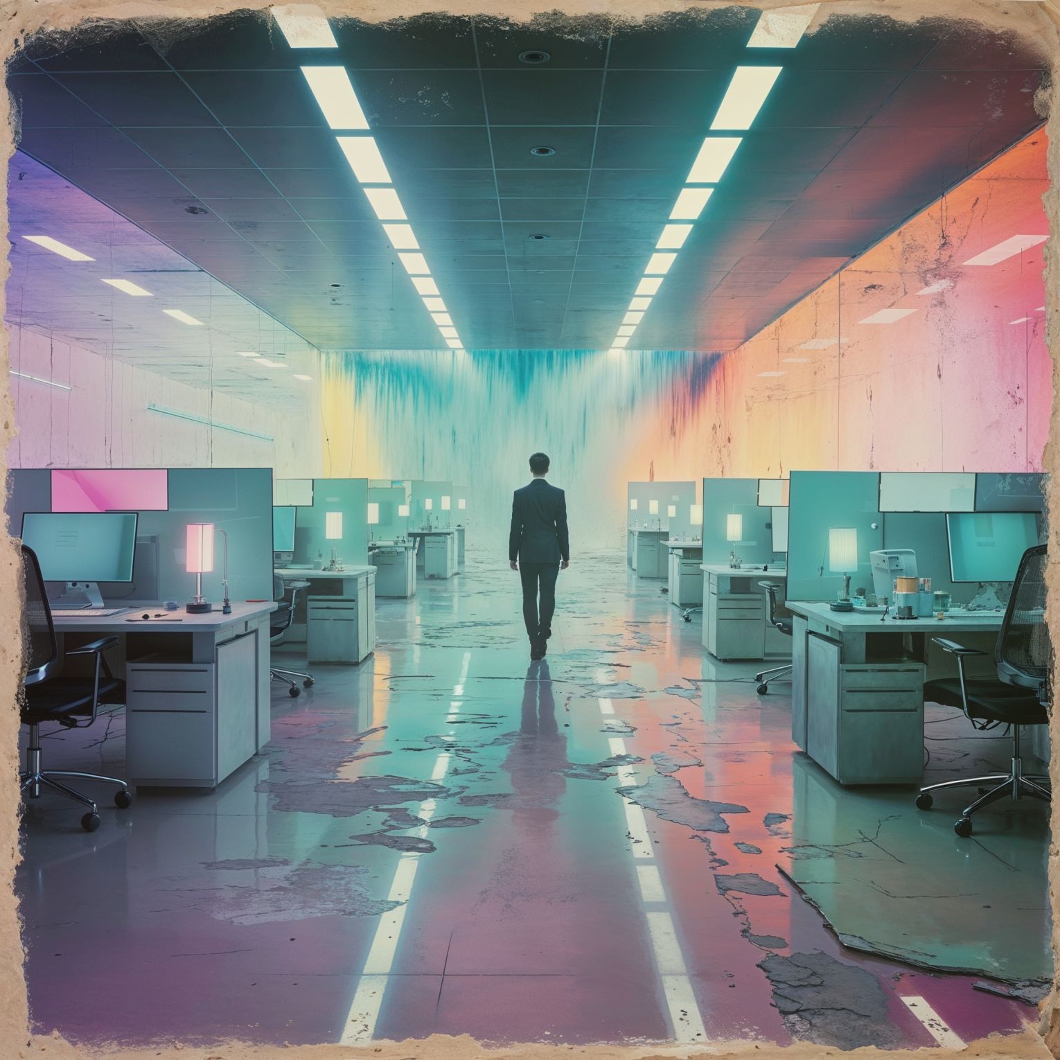 A stunning, hyper-realistic rough color pencil sketch of a surreal and vibrant cinematic photograph, emulating an Advertising campaign devised by Lumon from the Apple show Severance, juxtaposing hollow HR phrases with unnerving subtext, featuring sterile corporate imagery, such as sanitized smile-filled portraits of employees and sleek, spotless office landscapes, amidst an atmosphere of creeping unease and discomfort, blending photorealistic details with dreamlike, ethereal elements, all set against a backdrop of shifting colors that veer from soft, calming pastel hues to jarring, ominous neon tones, invoking a strong sense of dystopian disquiet beneath a façade of corporate cordiality, complete with distressed film grain texture, rough pencil marks, and organic paper texture, further emphasizing the eerie disconnect between the campaign's superficial warmth and its sinister undertones.
