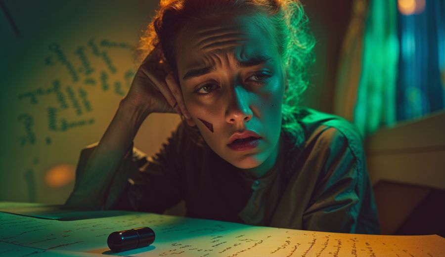 a surreal and vibrant cinematic photo of a person with a contemplative face, exhibiting sorrow, confusion, and a hint of narcissism, in a dimly lit room with subtle film grain effect, photorealistic details, and a color palette conveying introspection and self-awareness, the person is seated with a black pill nearby, surrounded by faint hints of written notes and scattered thoughts in elegant cursive font, with warm golden light spilling in from the side, illuminating their face and highlighting their introspective expression, shallow depth of field emphasizes their emotional state, cinematic color grading and lighting are applied, with a vignette and bokeh effect, resembling the aesthetic of Kodak Porta 400 and Cinestill 800 films, captured with a Leica M10, evoking a sense of cinematic storytelling.