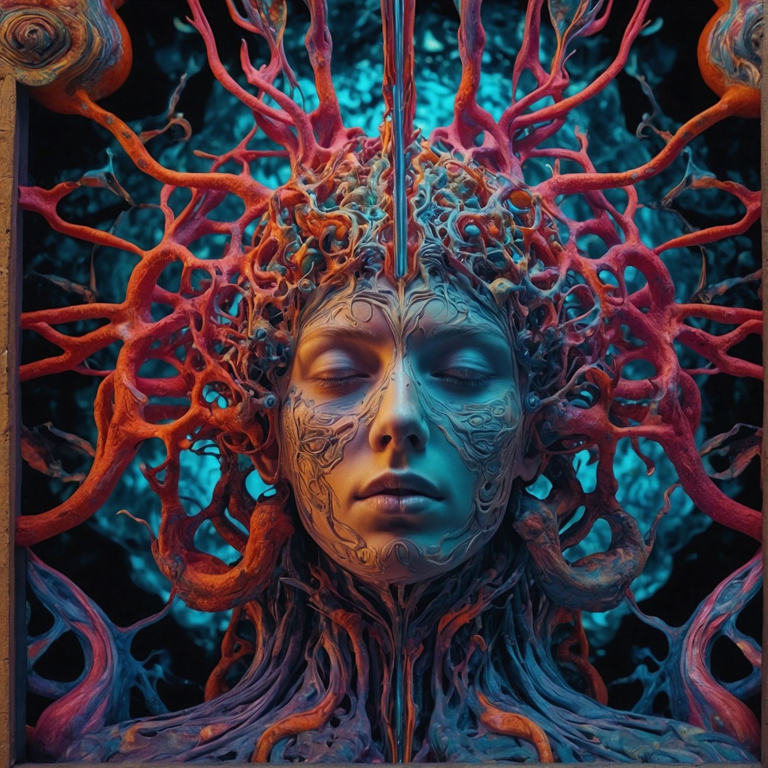 A massive root system connected to a neural network forming a brain. Intense, vibrant connections. A neurodivergent brain. LenoardoAI.