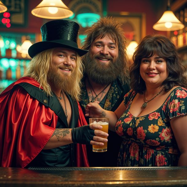a surreal and vibrant cinematic photo of a blonde bearded man with a shaggy haircut from an early 1990s metal band, he's wearing a black top hat and a flowing red cape while serving drinks with a confident smile, standing next to a chubby 1970s hippy jam band rocker with a bushy beard and a wide grin, and a 1970s style fat woman with dark brown hair and a floral dress, she looks like a folk singer from Laurel Canyon with a gentle smile, in a dimly lit vintage bar with film grain and photorealistic details, the atmosphere is lively and nostalgic with a mix of warm and cool colors.