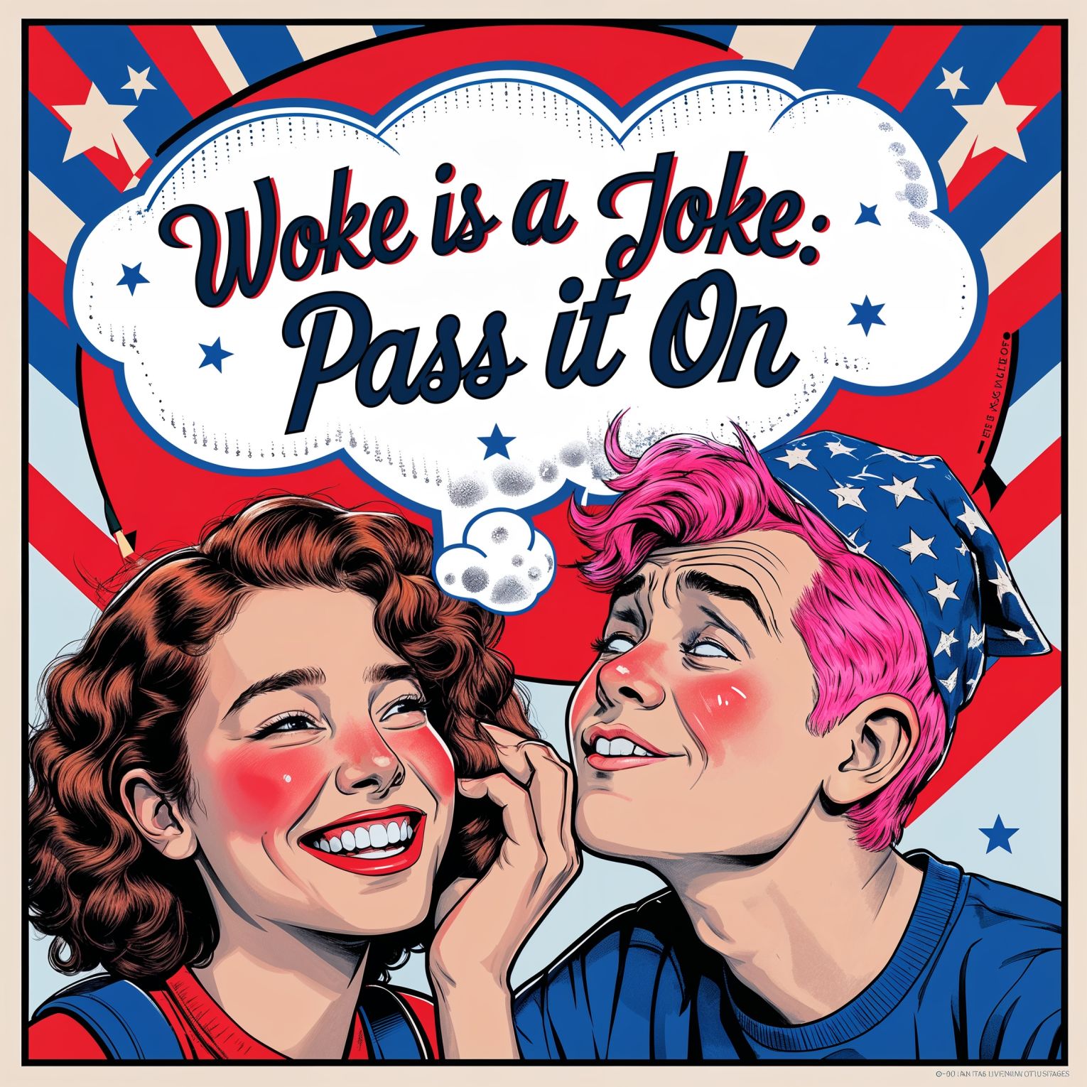 A vibrant and bold professional graphic design in pop art style, reminiscent of 1940s American propaganda posters, with a patriotic tone, featuring a central image of a college girl with curly brown hair and bright smile whispering a secret into the ear of another college boy with pink hair and contorted facial features, his eyebrows exaggerated in a comical expression of disappointment. A thought bubble, surrounded by red, white, and blue colors, with bold fonts and dynamic graphics, the text Woke Is A Joke: Pass It On emblazoned in a stylized, cursive font, with stars and stripes patterns in the background, blending nostalgia with modern pop art sensibilities, and a mix of digital and hand-drawn elements, exuding a sense of satire and humor, with clean lines, geometric shapes, and a focal point on the central image of the two college students.