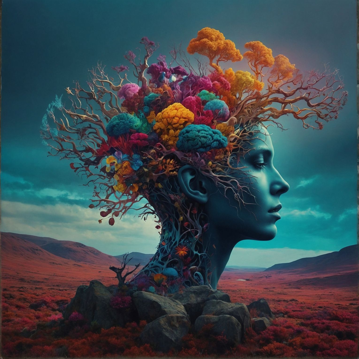 Vibrant hair intertwined with colorful flowers on a woman's head, showcasing a beautiful and whimsical style. Neurodivergent brain. Generated by LeonardoAI.