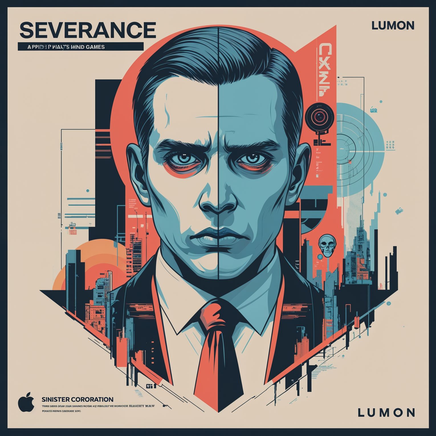Professional graphic design in a pop art style for an advertising campaign inspired by the Apple TV show Severance, designed by Lumon, a sinister corporation that plays mind games, featuring elegant and cinemagraphic elements that blend dry corporate jargon with eerie subtext, creating an off-putting atmosphere that utilizes hollow HR pleasantries to hide a darker agenda below the surface, with bold colors and abstract shapes, incorporating futuristic and dystopian themes, and a sense of psychological tension, all while maintaining a polished and corporate aesthetic.