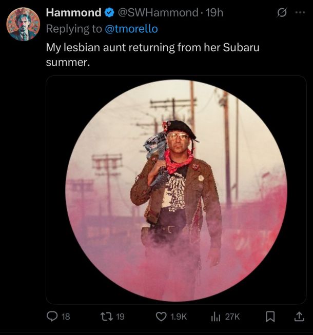 Tom Morello X's profile picture; him walking towards you wearing a baret and bandana, as red smoke rises around him. The caption, "My lesbian aunt returning from her Subaru summer".