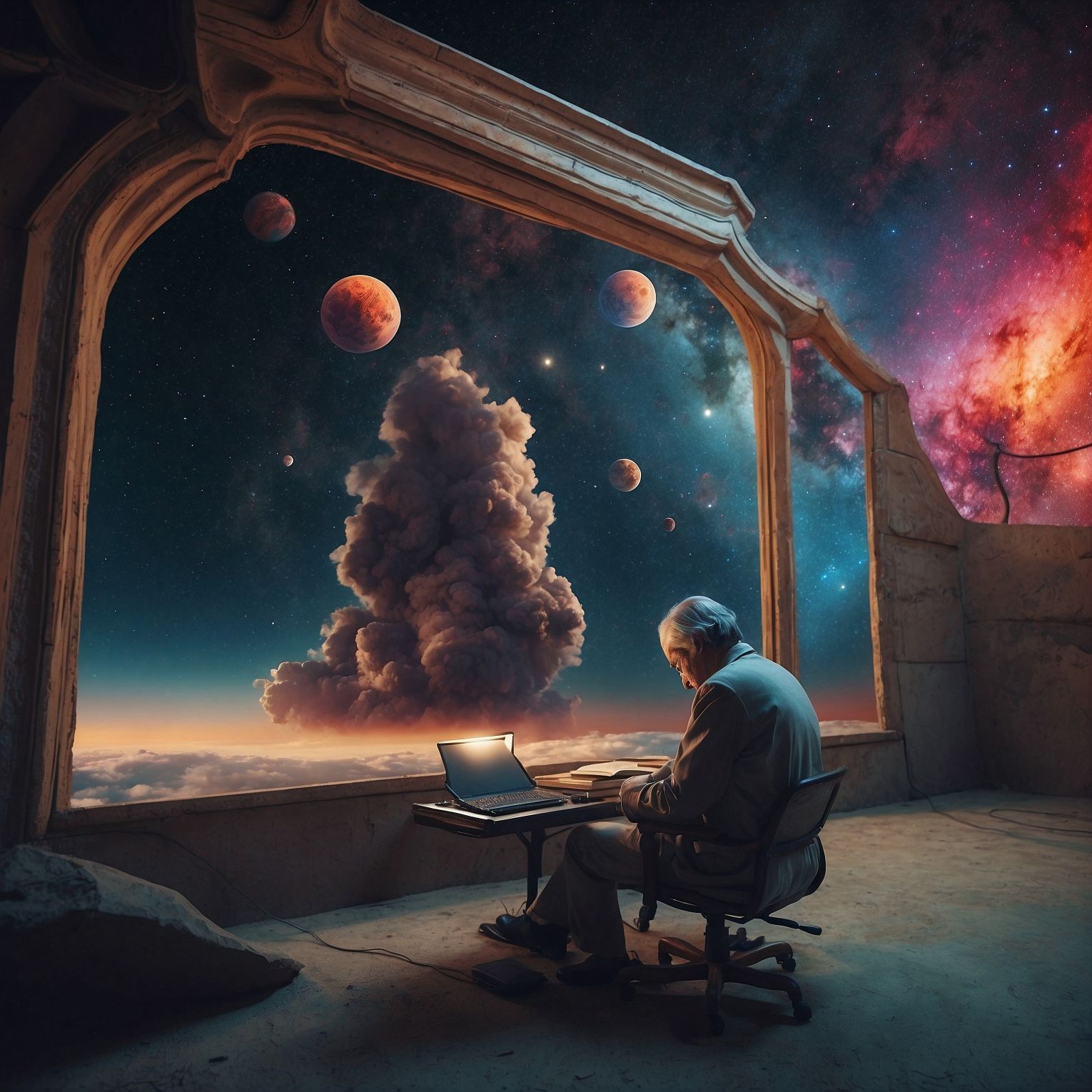 An old man sits at a desk overlooking the cosmos. A large cloud rises in the distance.