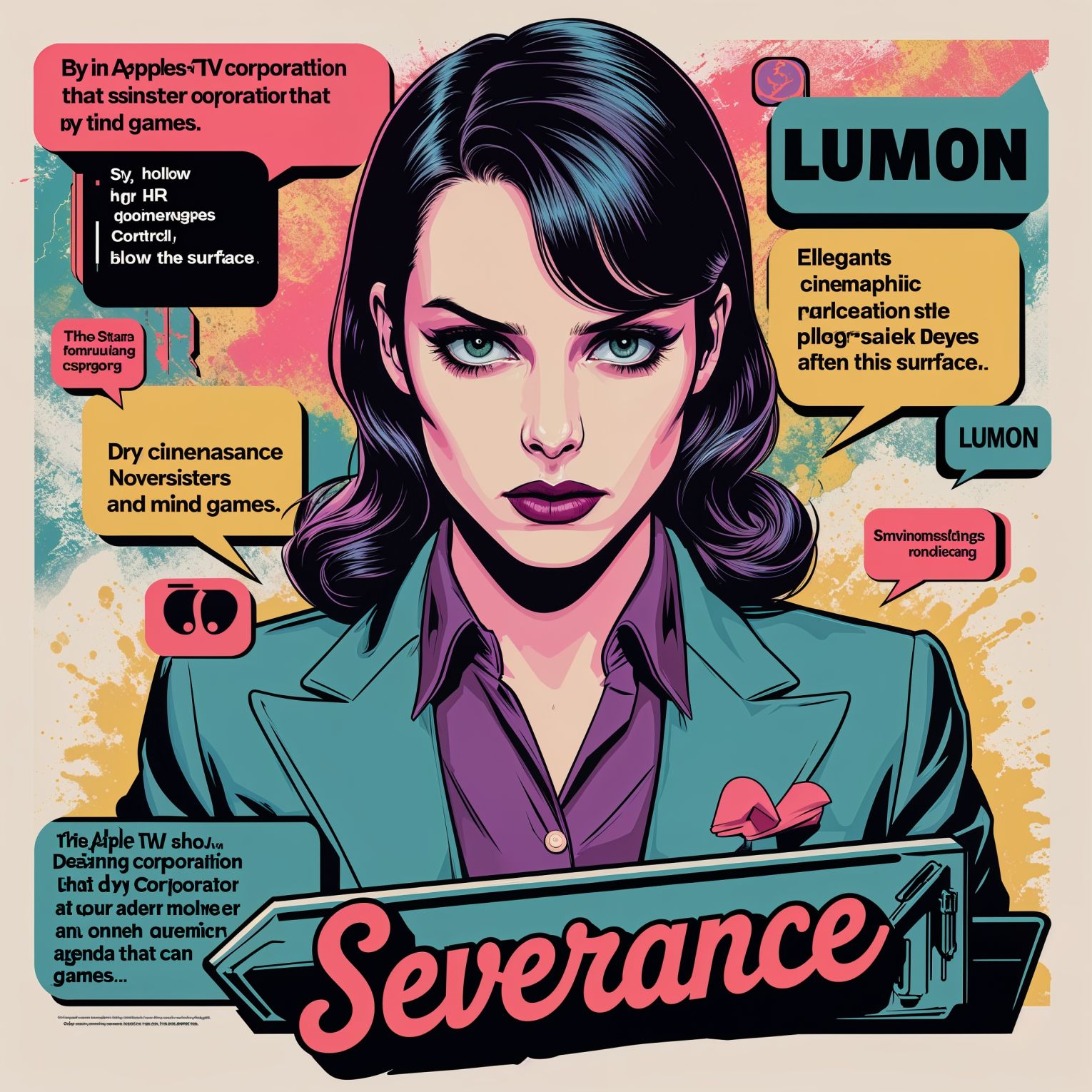 Professional graphic design in a pop art style for an advertising campaign inspired by the Apple TV show Severance, designed by Lumon, a sinister corporation that plays mind games, featuring elegant and cinemagraphic elements that blend dry corporate jargon with eerie subtext, creating an off-putting atmosphere that utilizes hollow HR pleasantries to hide a darker agenda below the surface, with bold vibrant colors and sleek typography, incorporating subtle hints of surveillance and control, and a sense of unease, all while maintaining a polished and corporate aesthetic.