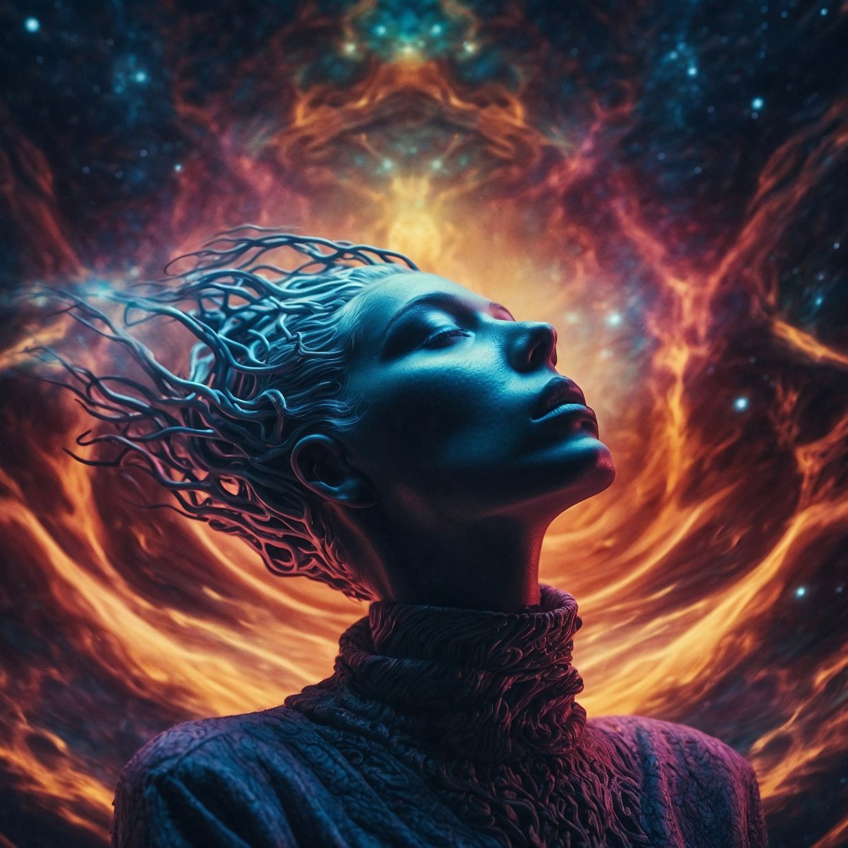 An alien-like goddess looking upward toward the stars with the cosmos swirling in the background. Bright and vibrant.