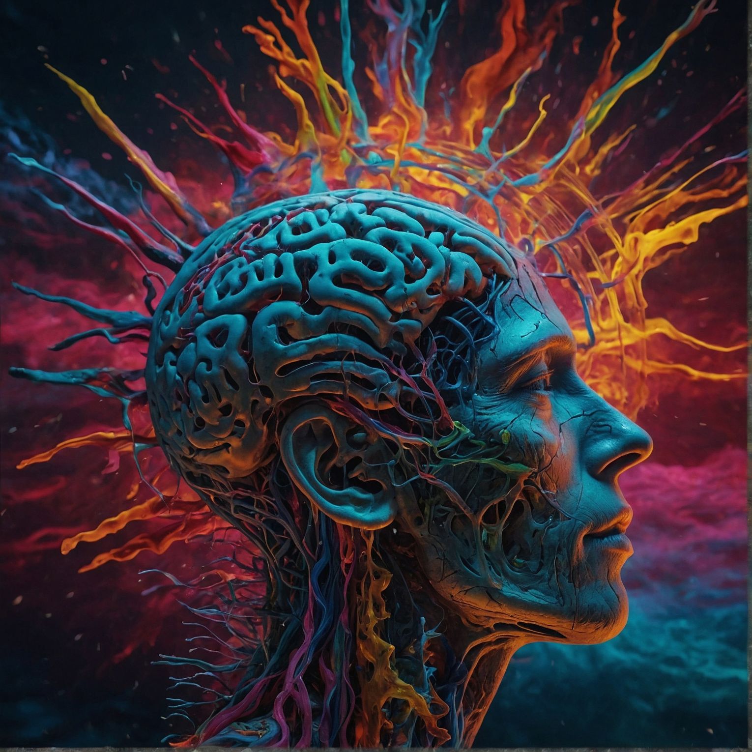A vibrant masterpiece showcasing the brain in all its glory, painted with a kaleidoscope of colors. A true work of art! Neurodivergent. LeonardoAI.