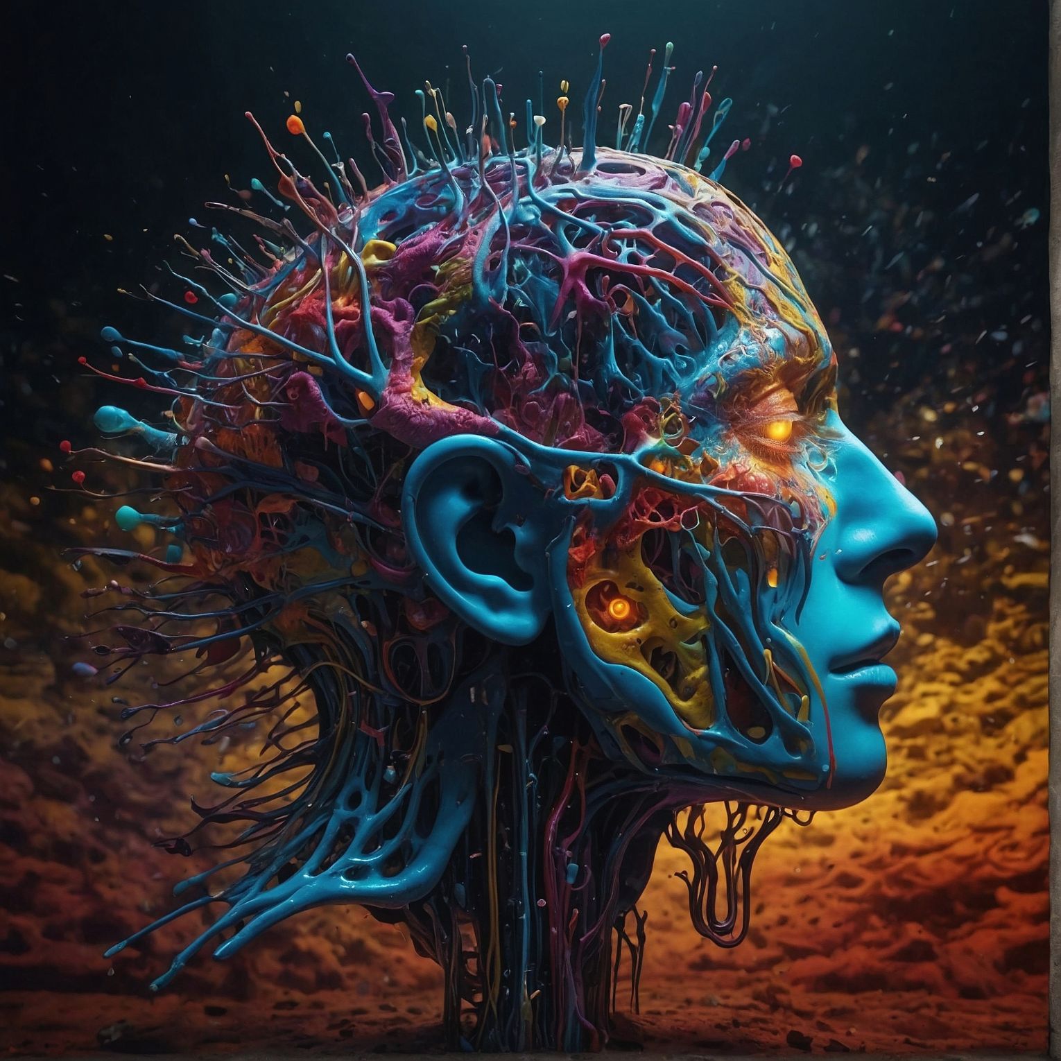 Vibrant artwork. A side profile of a human-like head with blue skin. It's brain is exposed showing a vast neural network. Liquid rainbow drops are forming the brain. Generated by LeonardoAI.