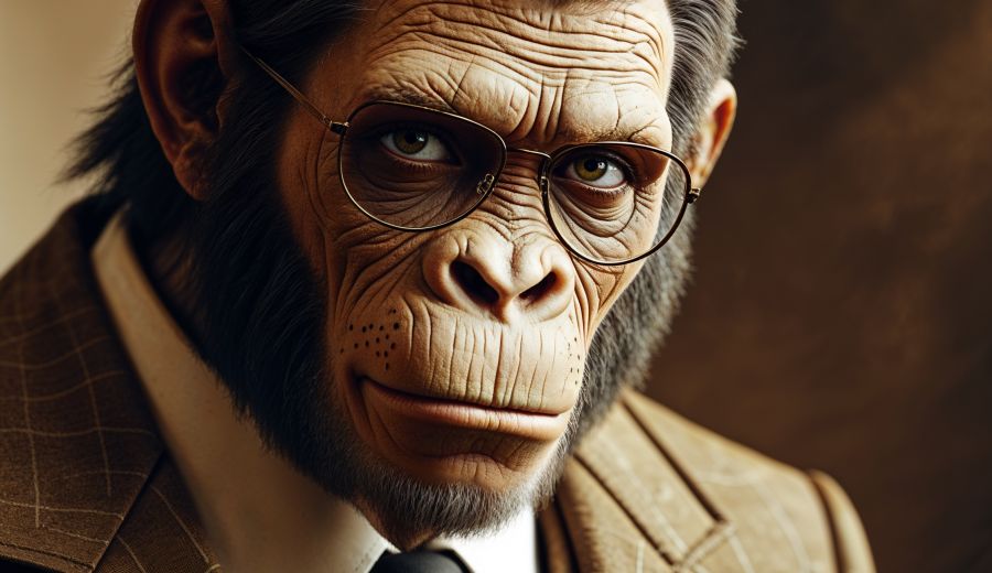 Artistic portrait photography of the 1970s, inspired by Planet of the Apes, featuring Dr Zaius, a sophisticated ape dressed in a traditional professor's attire, complete with a suit, tie, and spectacles, posing confidently like a human, with a serious expression, against a muted, earthy-toned background, lit with soft, warm lighting, emphasizing the subject's wise and intelligent facial features, with a slight hint of curiosity in his eyes, and a subtle, enigmatic smile, showcasing the ape's unique, humanoid characteristics, with meticulous attention to texture and detail, in a warm, sepia-toned color palette, reminiscent of vintage photography.
