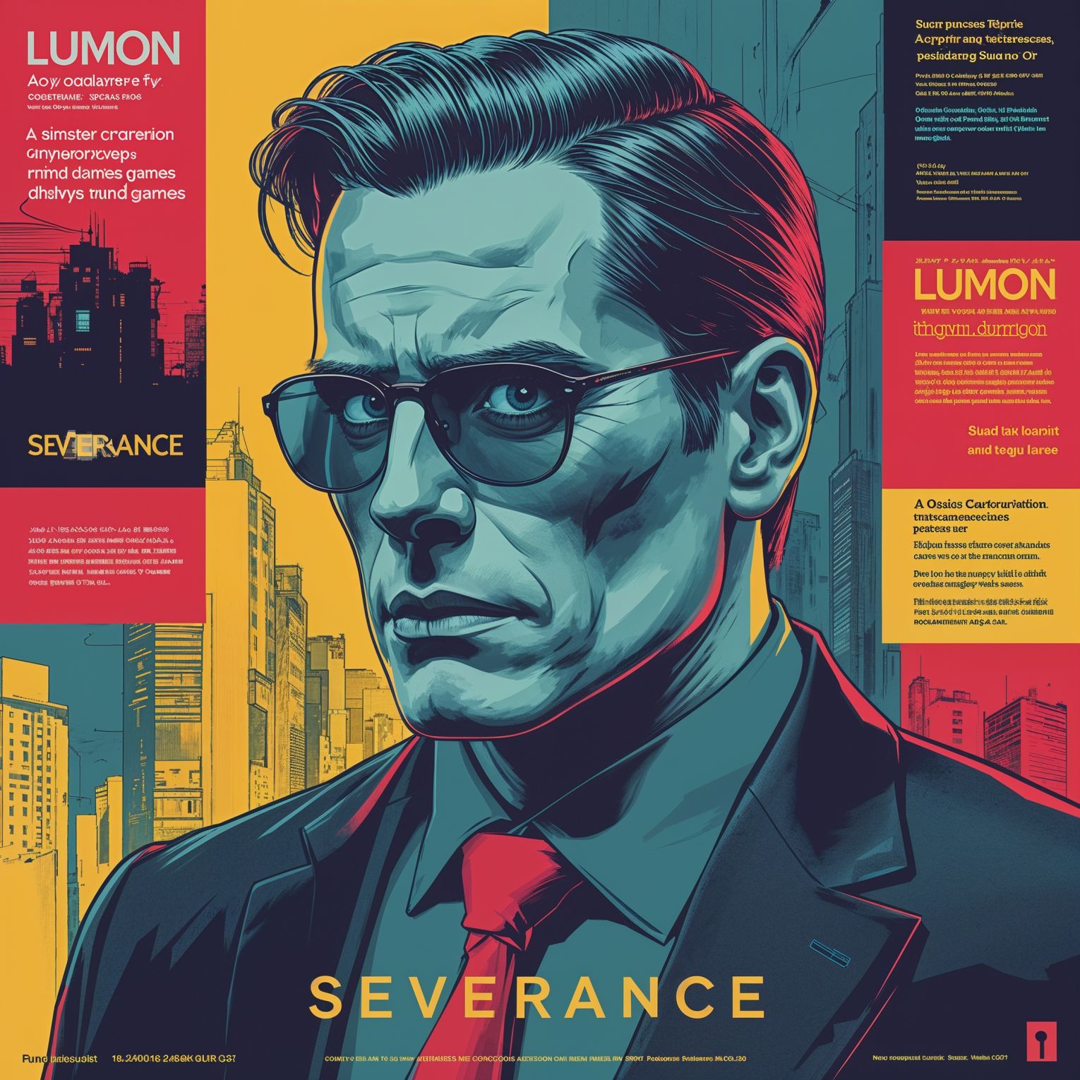 Professional graphic design in a pop art style for an advertising campaign inspired by the Apple TV show Severance, designed by Lumon, a sinister corporation that plays mind games, featuring elegant and cinemagraphic elements that blend dry corporate jargon with eerie subtext, creating an off-putting atmosphere that utilizes hollow HR pleasantries to hide a darker agenda below the surface, with bold vibrant colors and sleek typography, incorporating subtle hints of surveillance and control, and a sense of unease, all while maintaining a polished and corporate aesthetic.