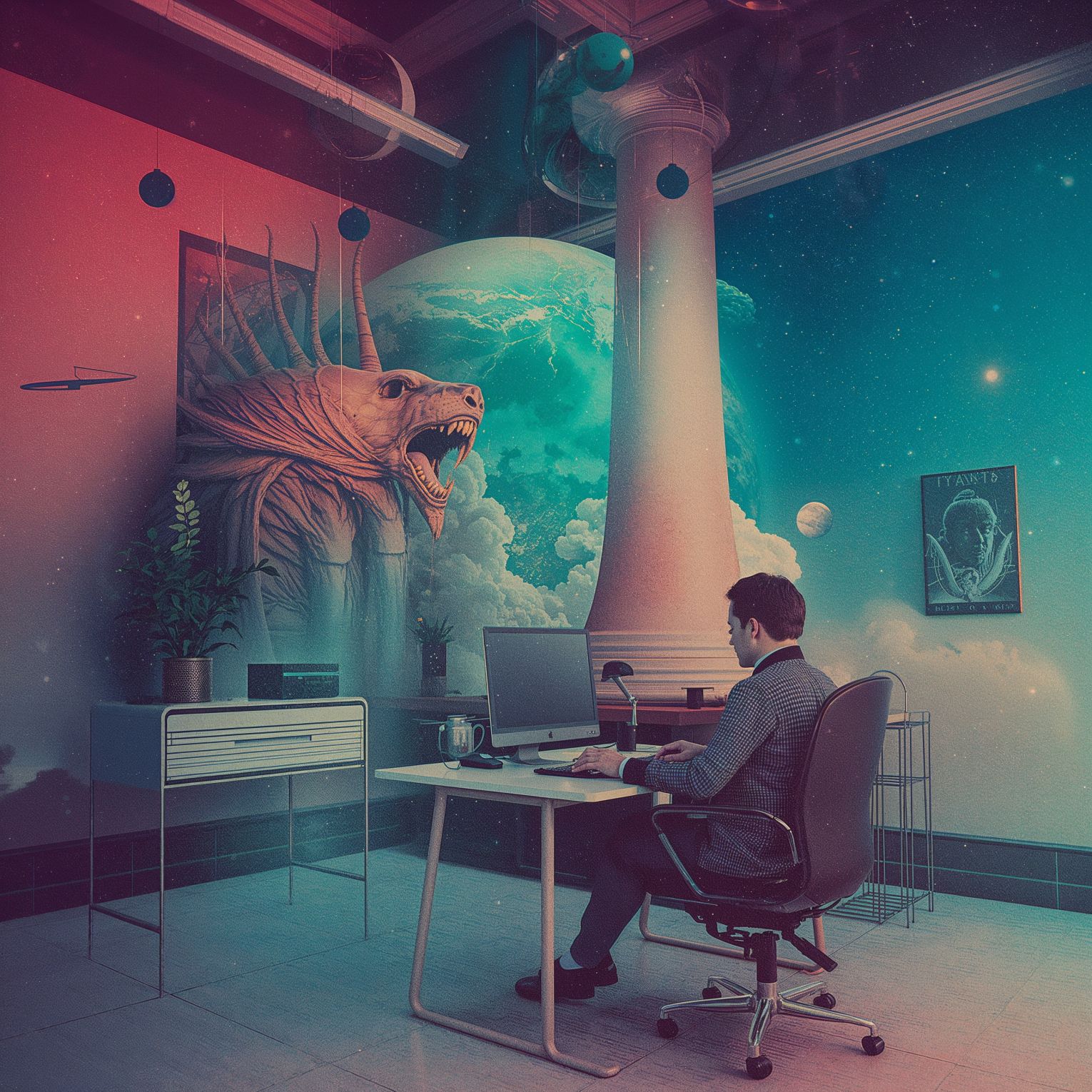 A surreal and vibrant cinematic photo designed by Lumon from the show Severance. Surreal photography and photorealistic elements, film grain texture, and a color palette that shifts between calming pastels and ominous neon hues, evoking a sense of unease and discomfort, with sanitized corporate imagery that contrasts with the ominous undertones, every detail meticulously crafted to convey a sense of dystopian unease beneath a veneer of corporate pleasantry. The image is about existing in a universe that is a bit off-putting and unnerving. It's a cosmic look at corporate life, placing a dystopian office scene among tarot-styled planets and cosmic features. It suggests that the work continues long after death and there's no escape from the toil. The image hints at madness, a losing of one's mind blending quiet desperation with complete hallucination. The image is a cautionary tale of a lost soul.