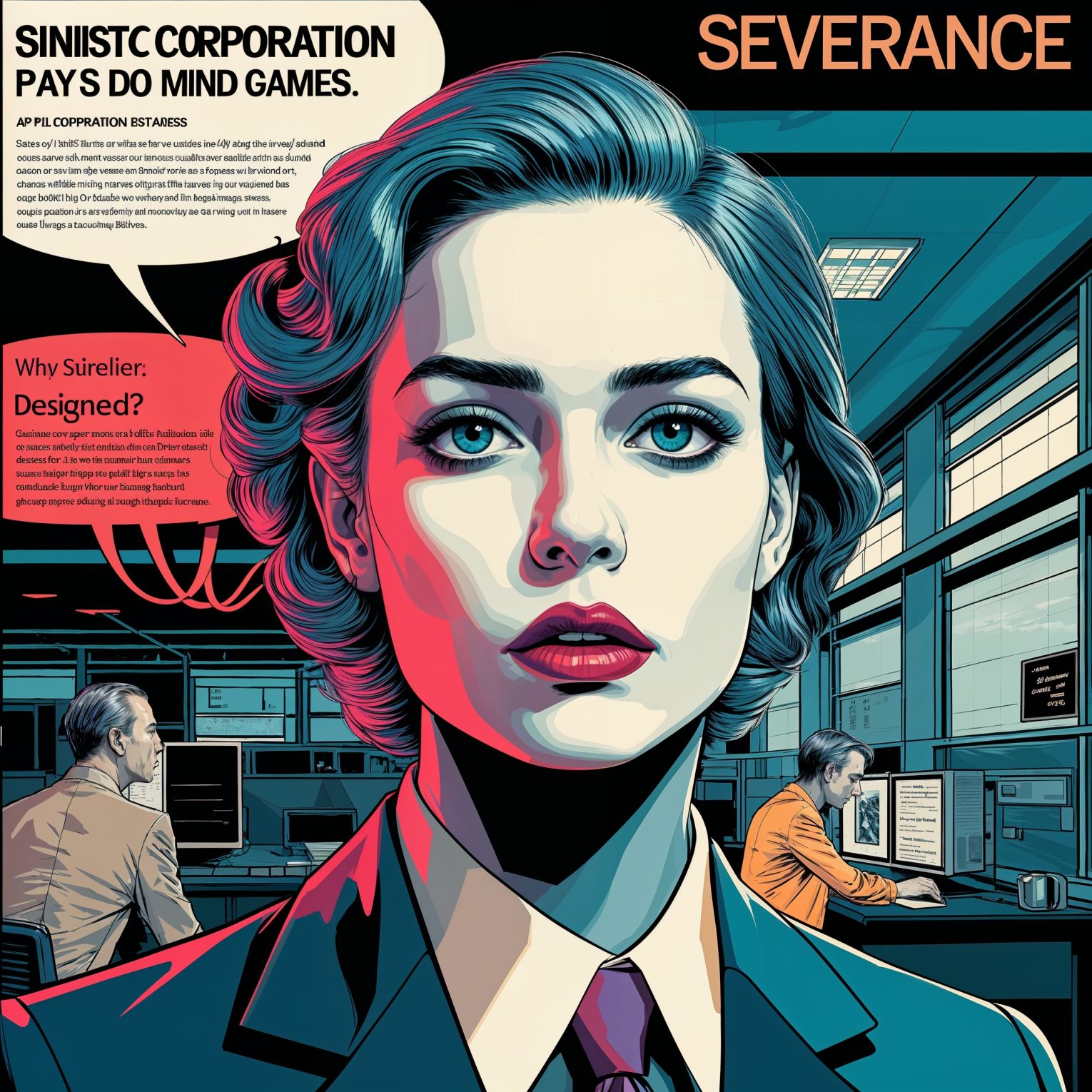 Professional graphic design in a pop art style for an advertising campaign inspired by the Apple TV show Severance, designed by Lumon, a sinister corporation that plays mind games, featuring elegant and cinemagraphic elements that blend dry corporate jargon with eerie subtext, creating an off-putting atmosphere that utilizes hollow HR pleasantries to hide a darker agenda below the surface, with bold vibrant colors and sleek typography, incorporating subtle hints of surveillance and control, and a sense of unease, all while maintaining a polished and corporate aesthetic.