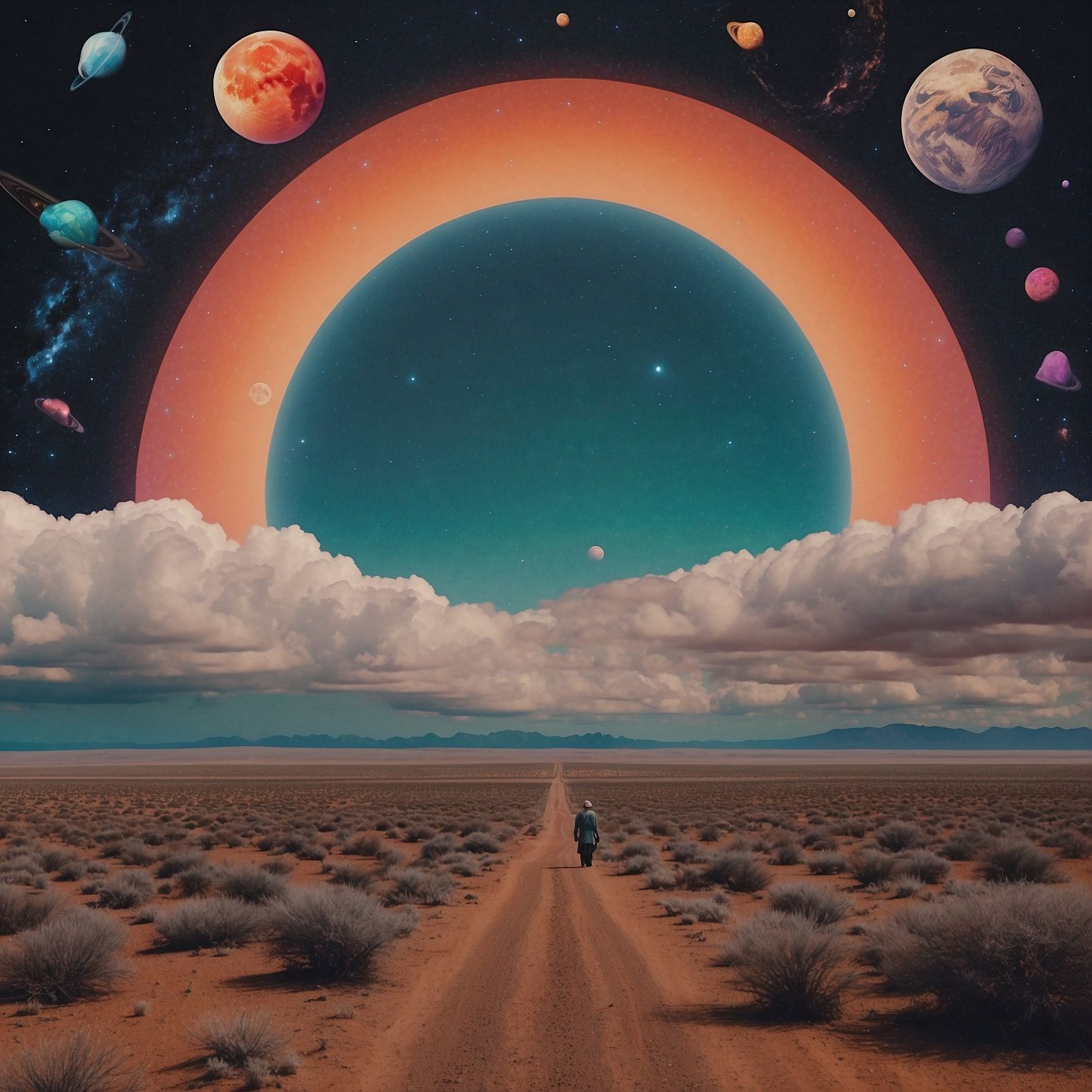 Tarot-inspired rainbow and planets creating a scene above the desert.