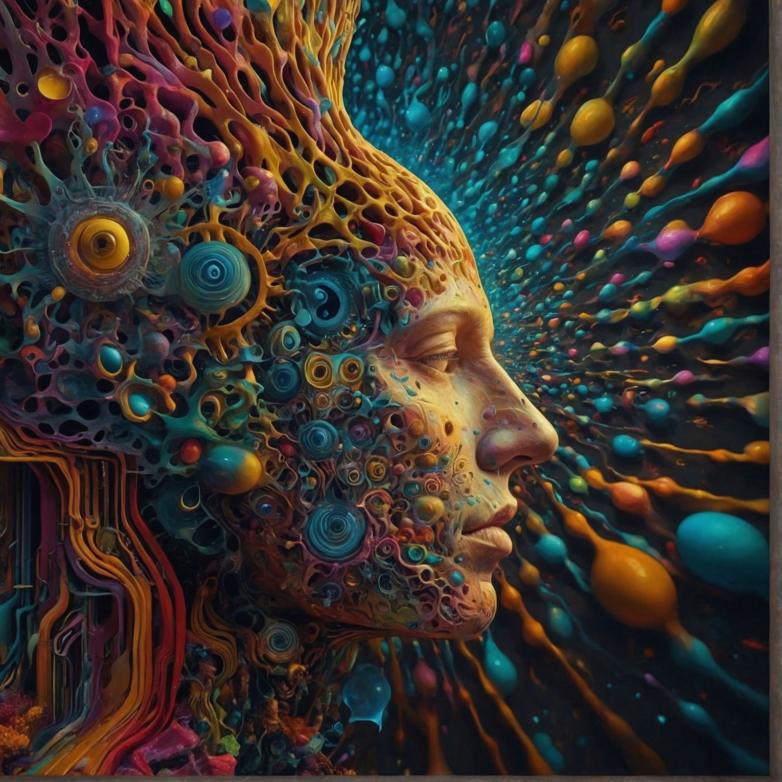 A woman's face is transformed with intricate and colorful swirls, enhancing her beauty with a creative and artistic flair. A neurodivergent brain. LeonardoAI.