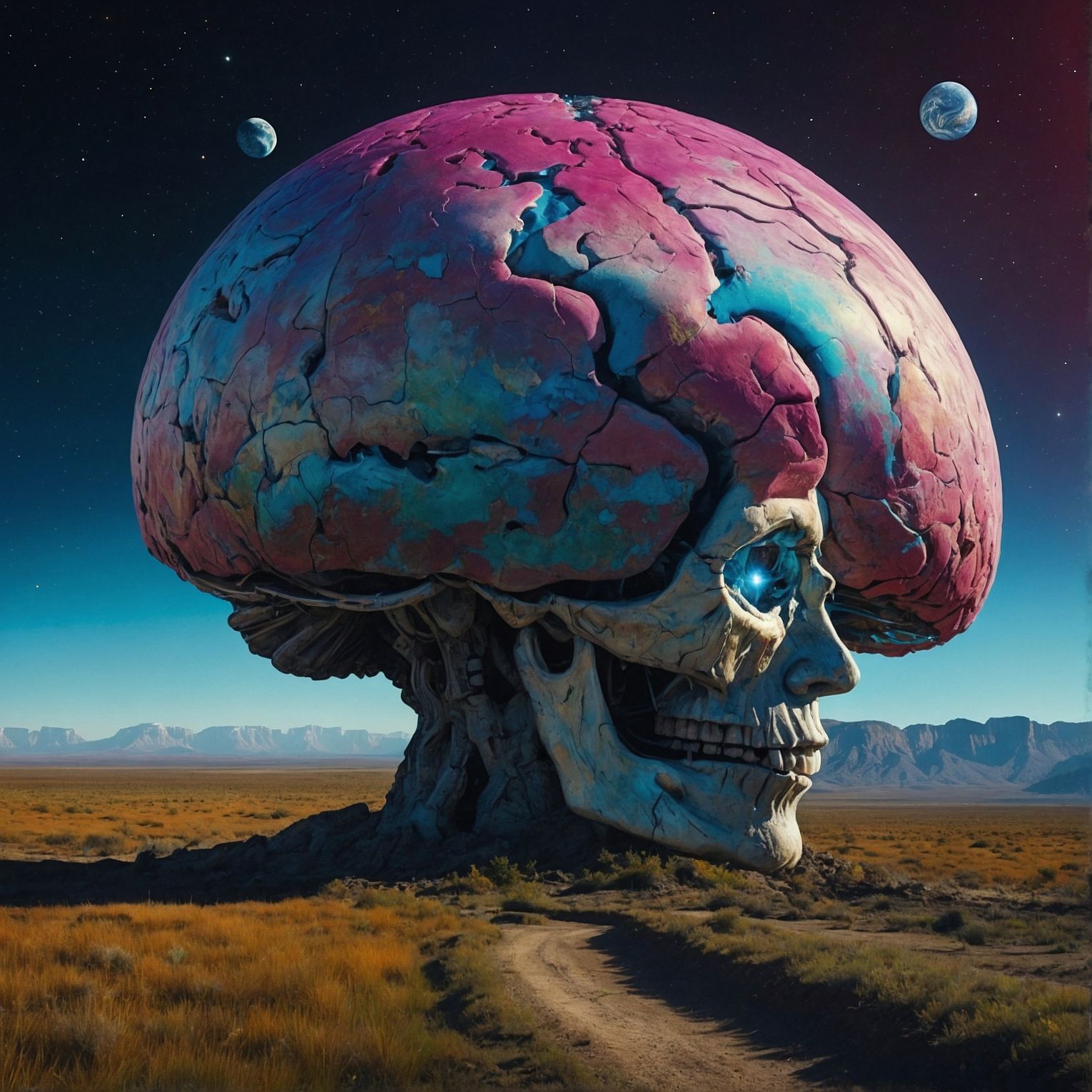 Neurodivergent artwork. A large human skull in a field with an enormous purple and cyan brain. LeonardioAI.