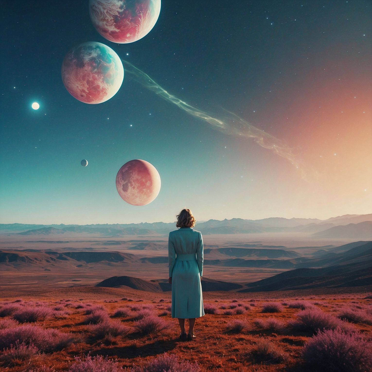 A woman in the desert, observing distant planets in the sky. Generated by LeonardoAI.