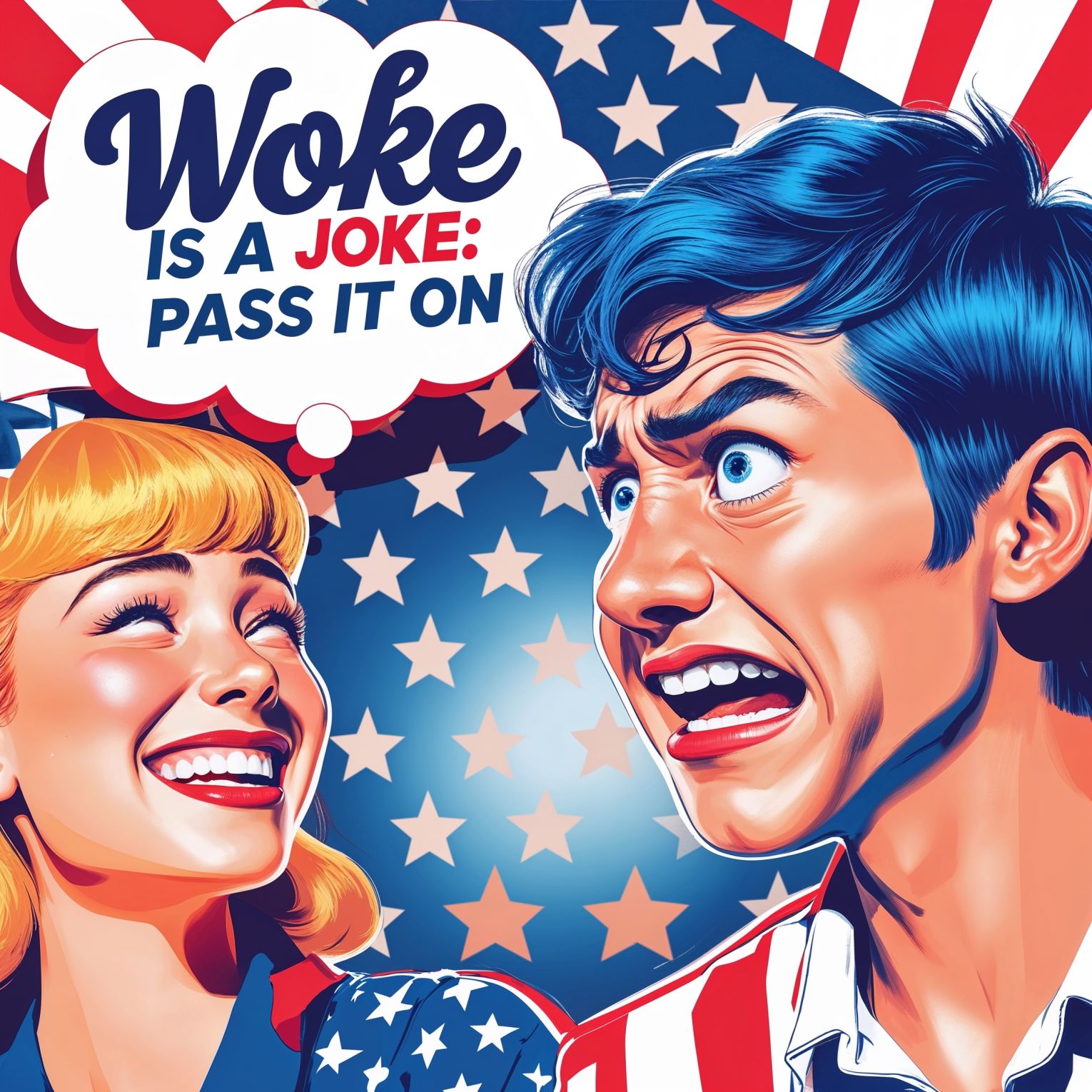 A vibrant and bold professional graphic design in pop art style, reminiscent of 1940s American propaganda posters, with a patriotic tone, featuring a central image of a bright and joyful college girl with blonde hair and a warm smile, whispering a secret to a college boy with blue hair, his facial features contorted in a comical expression of disappointment with exaggerated eyebrows and a raised left eyebrow. A thought bubble, surrounded by red, white, and blue colors, with bold fonts and dynamic graphics, the text Woke Is A Joke: Pass It On emblazoned in a stylized, cursive font, with stars and stripes patterns in the background, blending nostalgia with modern pop art sensibilities, and a mix of digital and hand-drawn elements, with cinematic color grading, cinematic lighting, and a shallow depth of field.