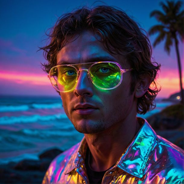 A contemporary throwback to 80s synthwave. Electric and vibrant purples and blues. A mid 20s man stands on a sandy beach at twilight. He has shaggy hair and glasses. Image filled with vibe and drip. Neon.
