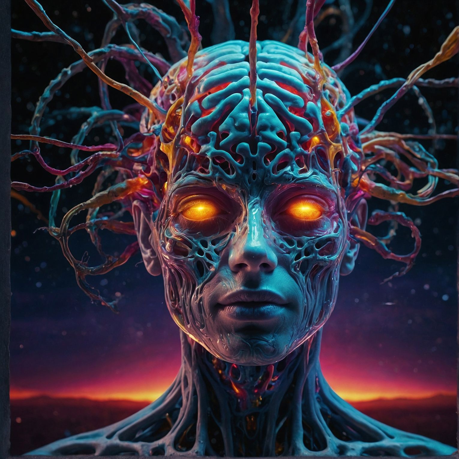Artwork. An intimidating figure of human-like head with its brain exposed and connected to many wires extending from its head. Colorful. Conflicting. LeonardoAI.