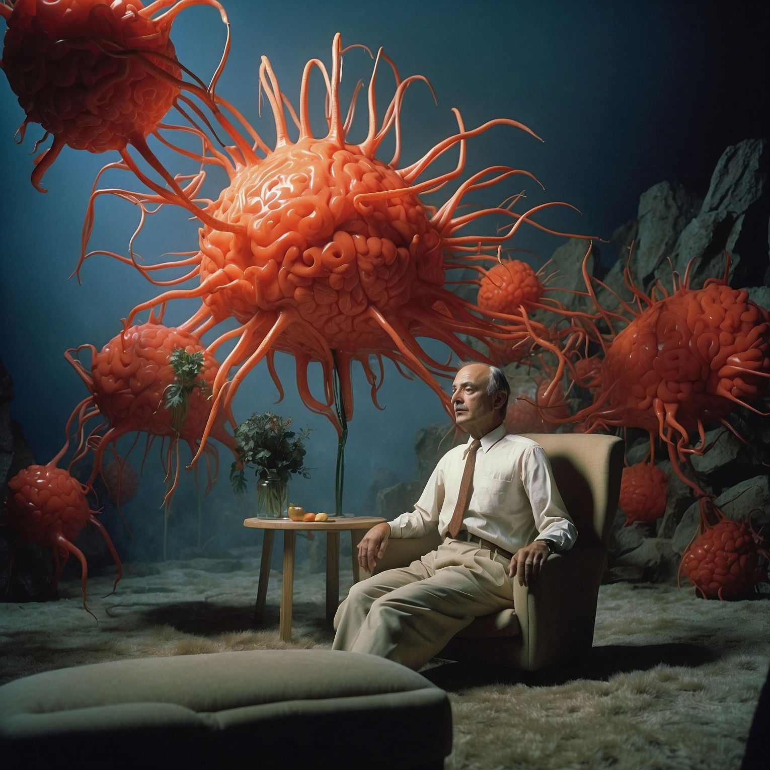 An odd and unsettling images of an old man sitting in a lounge chair with large orbiting jelly brains with tentacles surrounding him.