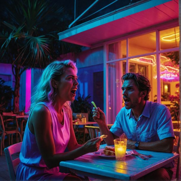 Vibrant neon. A man and woman argue while having dinner on the patio of a restaurant. Generated with LeonardoAI.