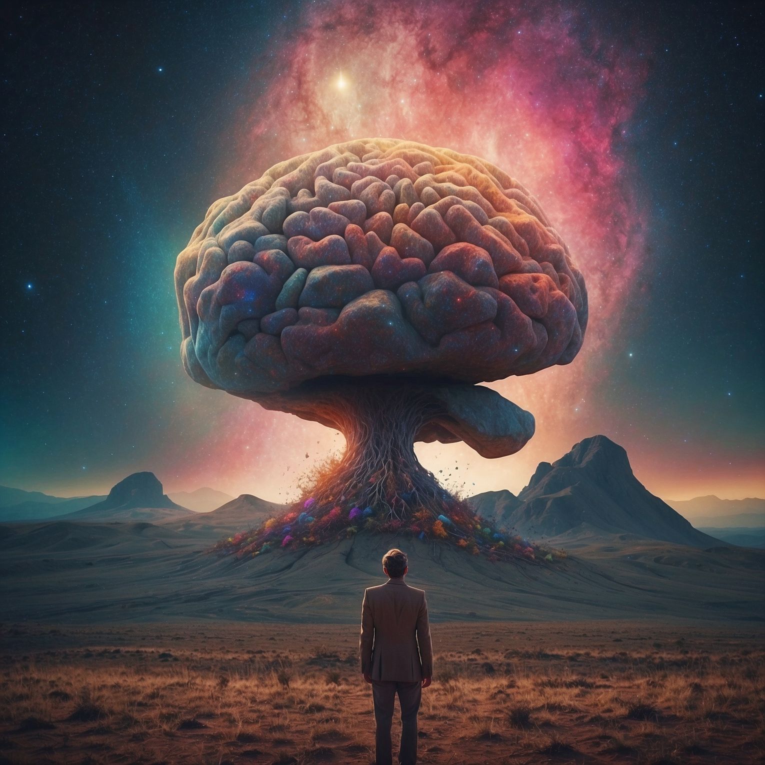 A massive brain growing out of the mountains, the cosmos glowing in the background.
