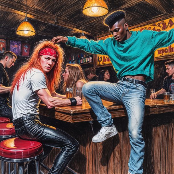 a masterpiece rough color pencil sketch of a 1980s fever dream, with a hair metal band hanging out in a dimly lit bar, the lead singer having shoulder length red-ish blonde hair and wearing a red bandana, a tight white t-shirt, and black leather pants, standing next to a strong young black man with a flat top haircut, who is dancing on top of a wooden table, wearing a bright teal sweater and skin tight stone washed jeans, with vibrant pencil marks and visible paper texture, the scene is filled with energetic lines and bold colors, capturing the essence of a lively night in the 1980s music scene.
