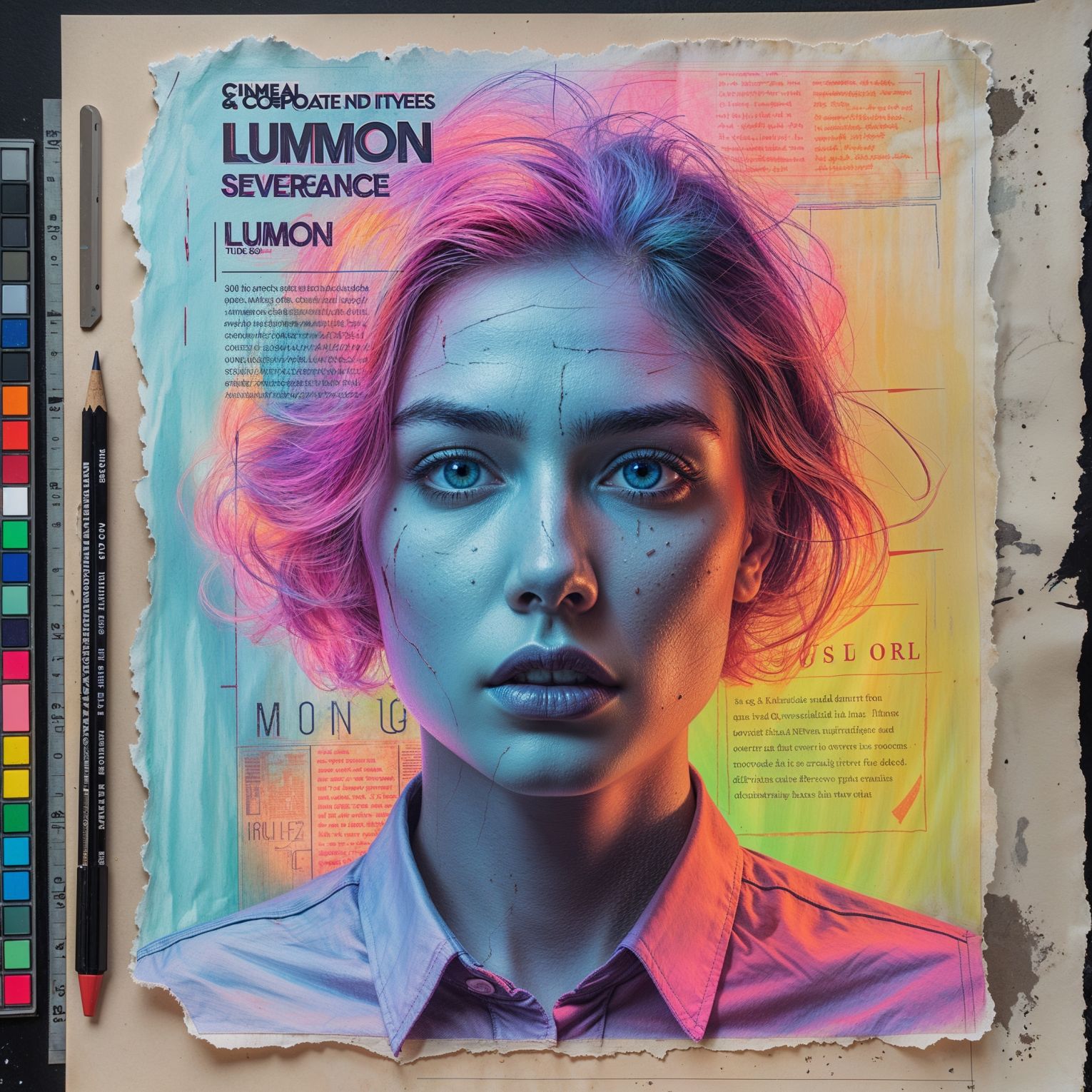 a surreal and vibrant cinematic photo of an advertising campaign designed by Lumon from the show Severance, blending dry corporate jargon with eerie subtext, using hollow HR pleasantries that are off-putting, hiding a darker agenda below the surface, with surreal photography and photorealistic elements, film grain texture, and a color palette that shifts between calming pastels and ominous neon hues, evoking a sense of unease and discomfort, with bold typography and sanitized corporate imagery that contrasts with the ominous undertones, every detail meticulously crafted to convey a sense of dystopian unease beneath a veneer of corporate pleasantry.