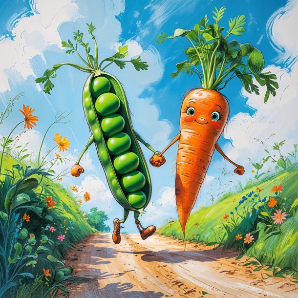 a vibrant rough color pencil sketch of Peas and Carrots in a loving relationship, with Peas having bright green skin and Carrots having warm orange skin, holding hands, skipping down a winding dirt path lined with lush greenery and colorful wildflowers, surrounded by a clear blue sky with fluffy white clouds, pencil marks and paper texture visible, with soft gentle lighting and a sense of joy and freedom, capturing the beauty of their love and connection as they embark on life's journey together.