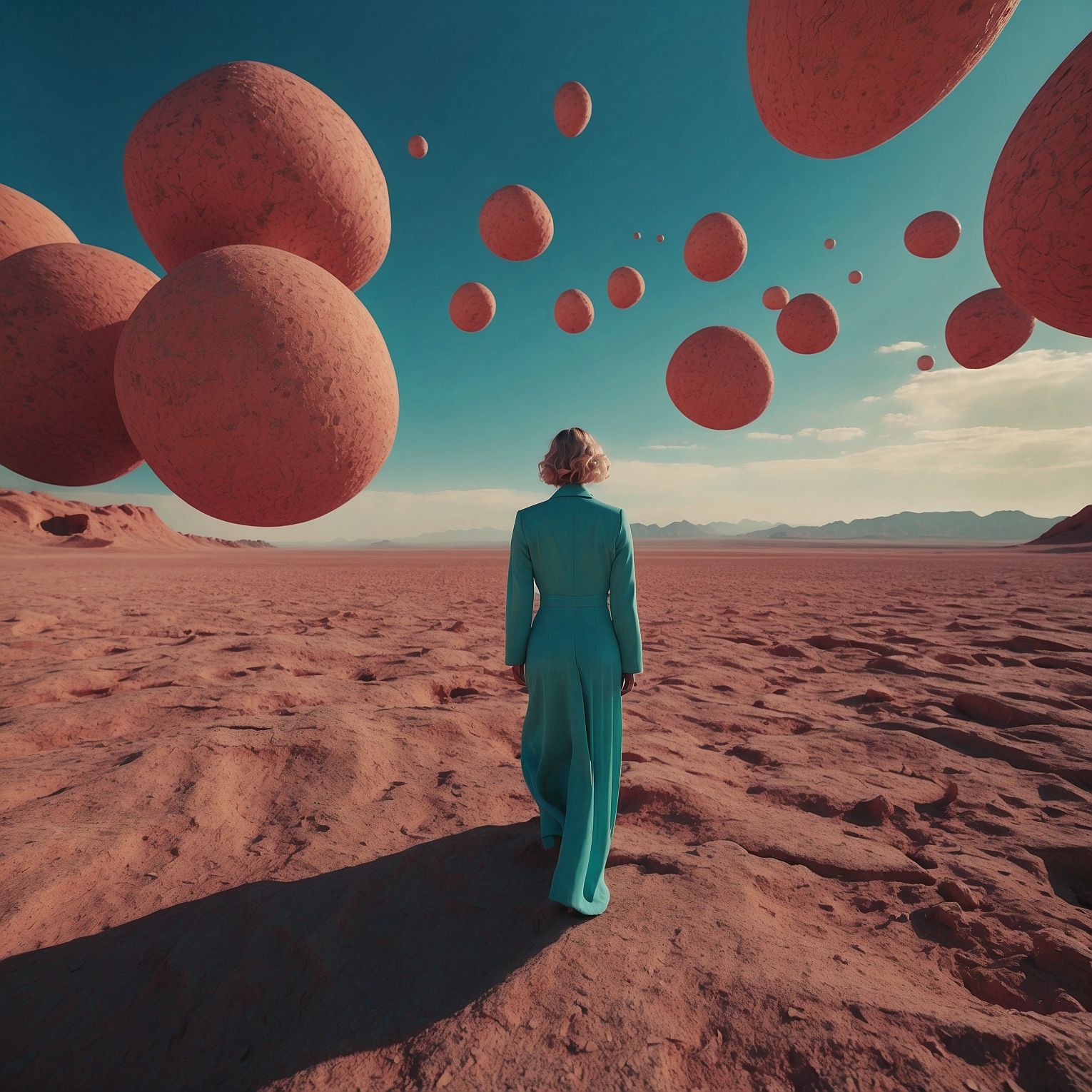 A woman in a blue dress stands in the desert surrounded by numerous spheres. Generated by LeonardoAI.