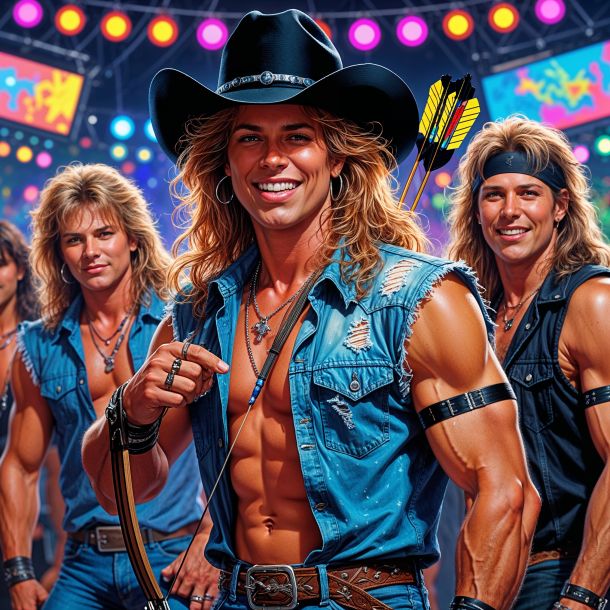 a stunning high-resolution illustration of a 1980s fever dream, featuring a hair metal band hanging out backstage at a vibrant music festival, with the charismatic lead singer sporting long curly light brown hair and wearing a black cowboy hat, a sleeveless distressed denim shirt, and holding an archery bow, as he flashes a bright toothy grin, surrounded by his bandmates, amidst a backdrop of colorful festival lights, amplifiers, and guitars, with intricate details and textures, in ultra-high resolution.