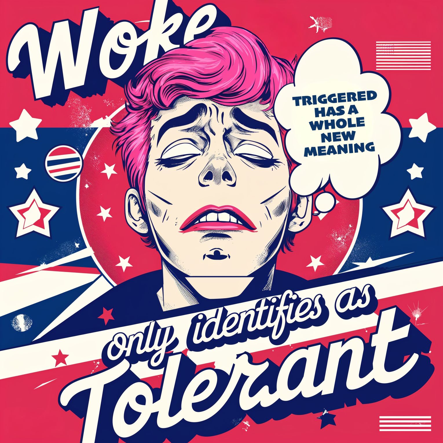 A vibrant and bold professional graphic design in pop art style, reminiscent of 1940s American propaganda posters, with a patriotic tone, featuring a central image of a woman with bright blue hair and a thought bubble, surrounded by bold red, white, and blue colors, with stylized, cursive font text "Woke only identifies as tolerant" emblazoned above her, stars and stripes patterns in the background, the person's facial features contorted in a comical expression of disappointment, with a pale skin tone, exaggerated eyebrows, and defined eyelashes, the overall design exuding a sense of satire and humor, with clean lines, geometric shapes, and a mix of digital and hand-drawn elements, blending nostalgia with modern pop art sensibilities, and a dynamic composition that draws the viewer's eye to the central figure.