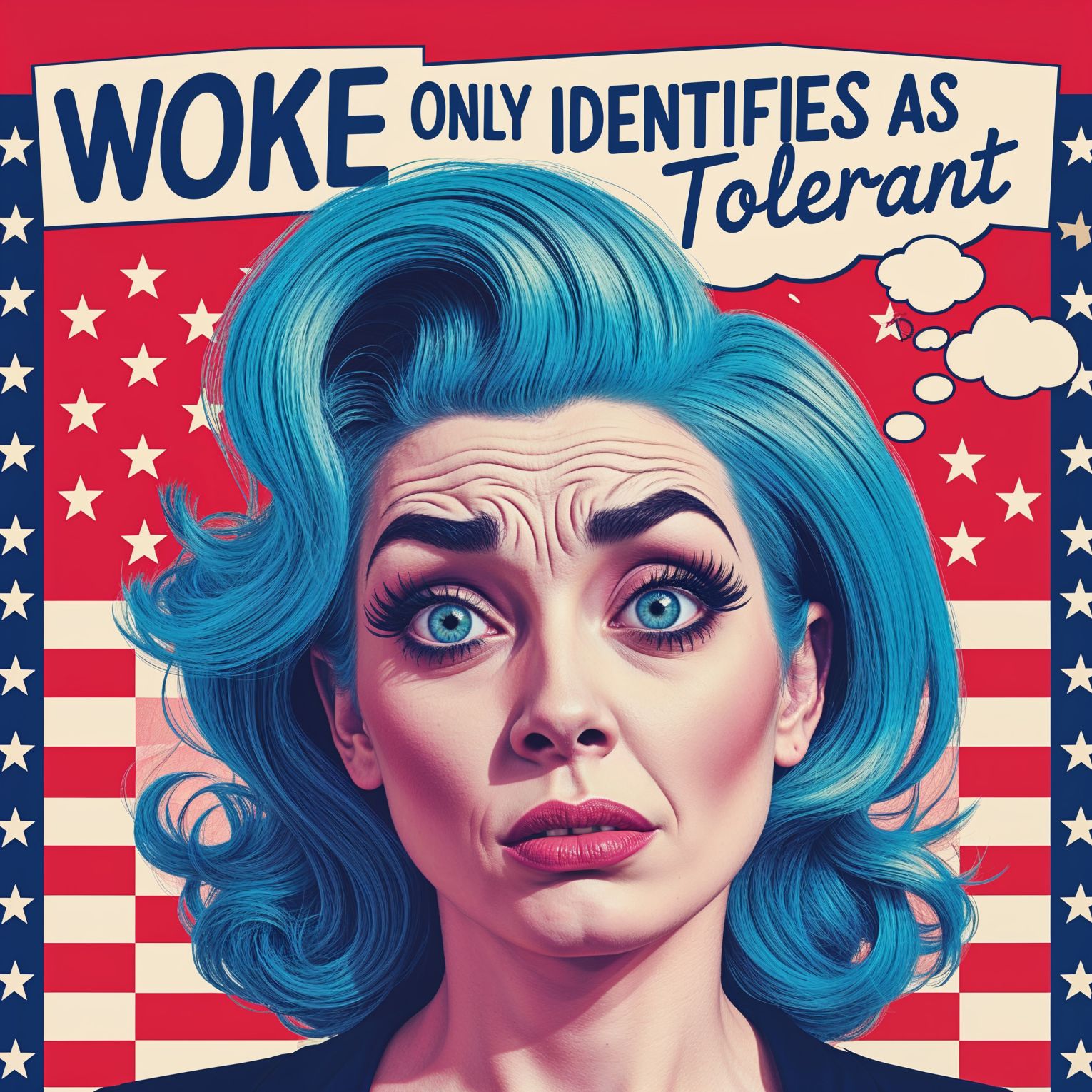 A vibrant and bold professional graphic design in pop art style, reminiscent of 1940s American propaganda posters, with a patriotic tone, featuring a central image of a woman with bright blue hair and a thought bubble, surrounded by bold red, white, and blue colors, with stylized, cursive font text "Woke only identifies as tolerant" emblazoned above her, stars and stripes patterns in the background, the person's facial features contorted in a comical expression of disappointment, with a pale skin tone, exaggerated eyebrows, and defined eyelashes, the overall design exuding a sense of satire and humor, with clean lines, geometric shapes, and a mix of digital and hand-drawn elements, blending nostalgia with modern pop art sensibilities, and a dynamic composition that draws the viewer's eye to the central figure.