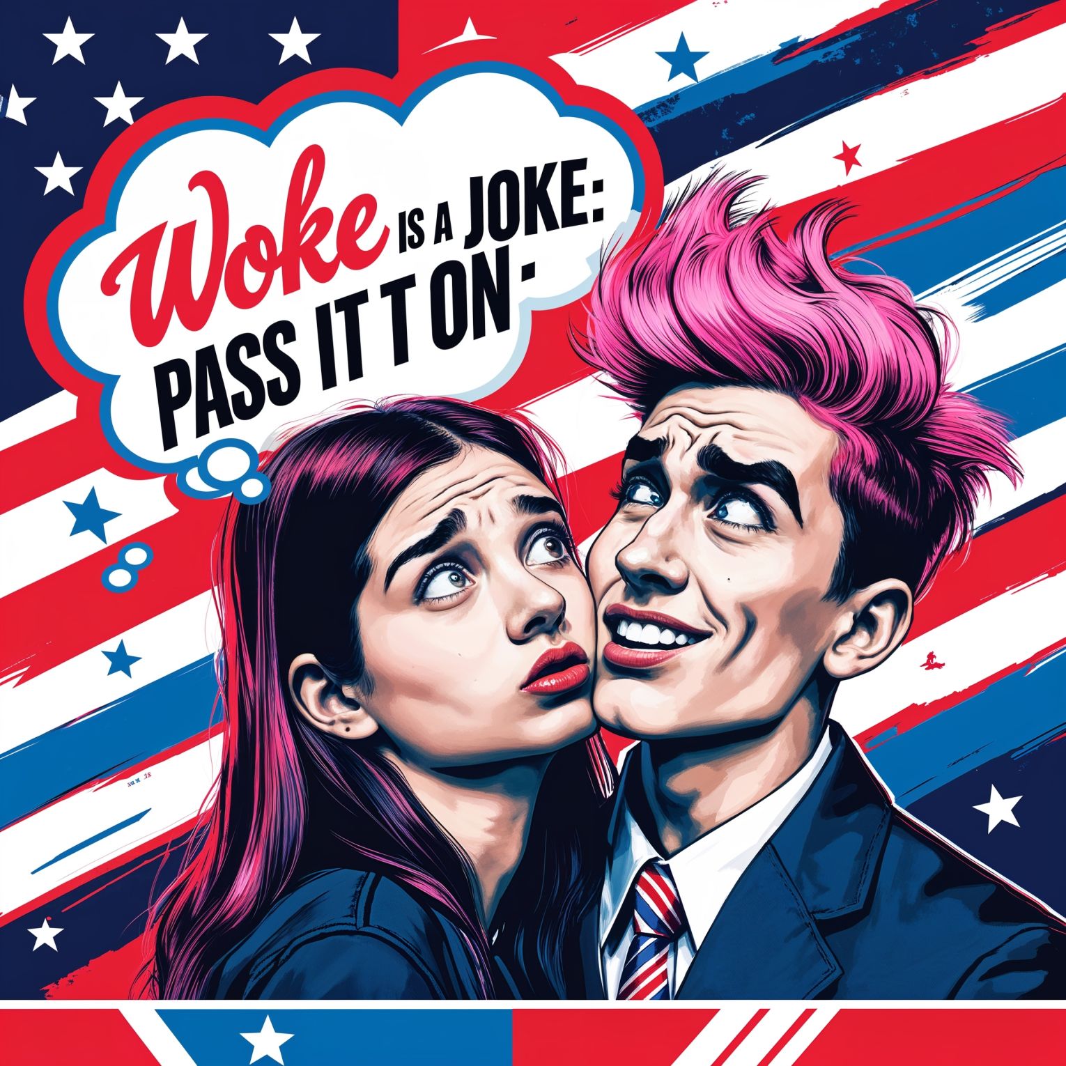 A vibrant and bold professional graphic design in pop art style, reminiscent of 1940s American propaganda posters, with a patriotic tone, featuring a central image of a college girl whispering a secret into the ear of another college boy with pink hair, the boy's facial features contorted in a comical expression of disappointment with exaggerated eyebrows. A thought bubble, surrounded by red, white, and blue colors, with bold fonts and dynamic graphics, the text "Woke Is A Joke: Pass It On" emblazoned in a stylized, cursive font, with stars and stripes patterns in the background. The overall design exuding a sense of satire and humor, with clean lines, geometric shapes, and a mix of digital and hand-drawn elements, blending nostalgia with modern pop art sensibilities.