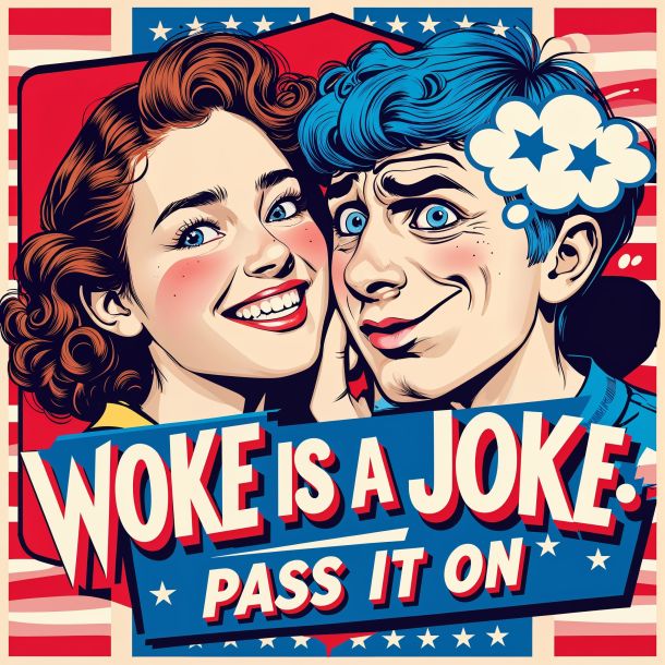 A vibrant and bold professional graphic design in pop art style, reminiscent of 1940s American propaganda posters, with a patriotic tone, featuring a central image of a bright and joyful college girl with curly brown hair and a warm smile, whispering a secret into the ear of a college boy with blue hair, his facial features contorted in a comical expression of disappointment with exaggerated eyebrows and a shocked gaze, against a background of stars and stripes patterns in red, white, and blue colors, with a thought bubble, surrounded by bold fonts and dynamic graphics, the text Woke Is A Joke: Pass It On emblazoned in a stylized, cursive font, with clean lines, geometric shapes, and a mix of digital and hand-drawn elements, blending nostalgia with modern pop art sensibilities, exuding a sense of satire and humor.