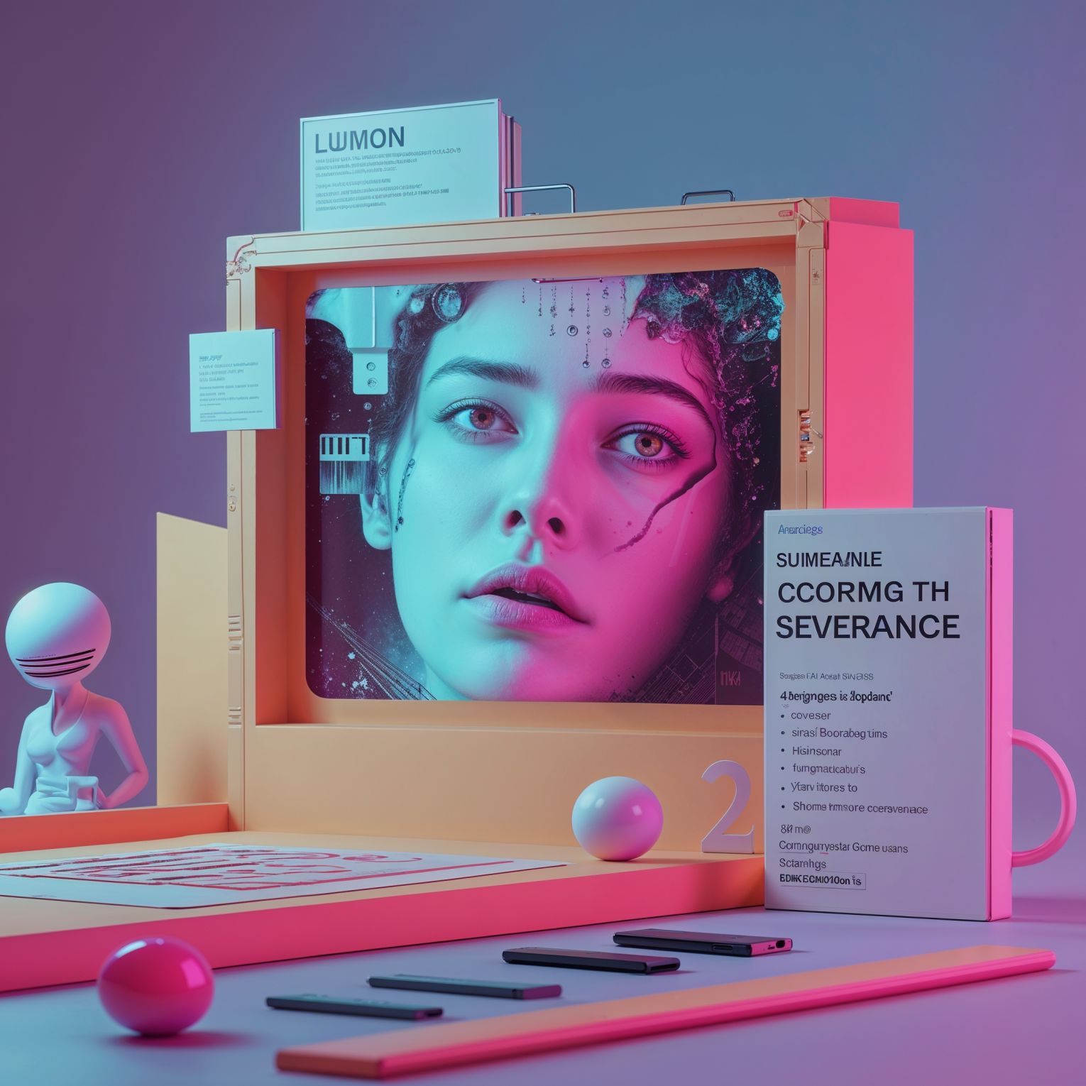 a surreal and vibrant cinematic photo of an advertising campaign designed by Lumon from the show Severance, blending dry corporate jargon with eerie subtext, using hollow HR pleasantries that are off-putting, hiding a darker agenda below the surface, with surreal photography and photorealistic elements, film grain texture, and a color palette that shifts between calming pastels and ominous neon hues, evoking a sense of unease and discomfort, with bold typography and sanitized corporate imagery that contrasts with the ominous undertones, every detail meticulously crafted to convey a sense of dystopian unease beneath a veneer of corporate pleasantry.