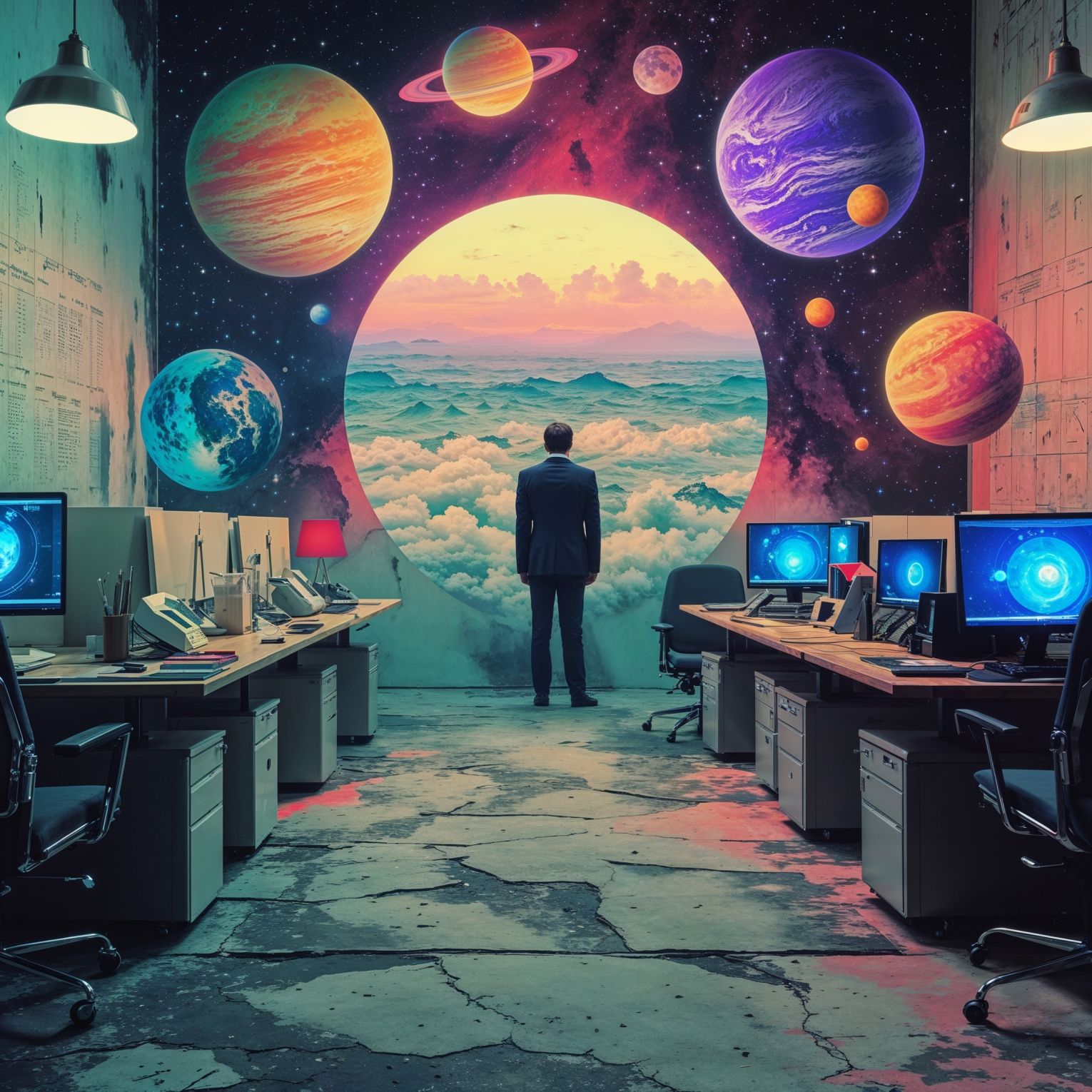 A surreal and vibrant cinematic photo designed by Lumon from the show Severance. Surreal photography and photorealistic elements, film grain texture, and a color palette that shifts between calming pastels and ominous neon hues, evoking a sense of unease and discomfort, every detail meticulously crafted to convey a sense of dystopian unease beneath a veneer of corporate pleasantry. The image is about existing in a universe that is a bit off-putting and unnerving. It's a cosmic look at corporate life, placing a dystopian office scene among tarot-styled planets and cosmic features. It suggests that the work continues long after death and there's no escape from the toil. The image hints at madness, a losing of one's mind blending quiet desperation with complete hallucination. The image is a cautionary tale of a lost soul.