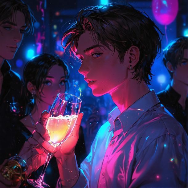 A vibrant image of brilliant purples and blues. A young man holds a radiating glass of champagne. New Year's Eve party 2007. Illustration.