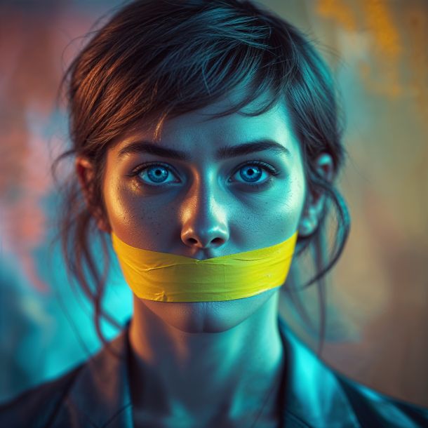 a surreal and vibrant cinematic photo of a close-up image of a person with a determined gaze, yellow tape tightly wrapped around their mouth, silencing the truth, set against a blurred abstract background with a mix of warm and cool colors, surreal photography style, photorealistic texture, subtle film grain effect, high contrast lighting, and a shallow depth of field to emphasize the subject's emotional expression, with the yellow tape serving as a striking symbol of oppression and silence.