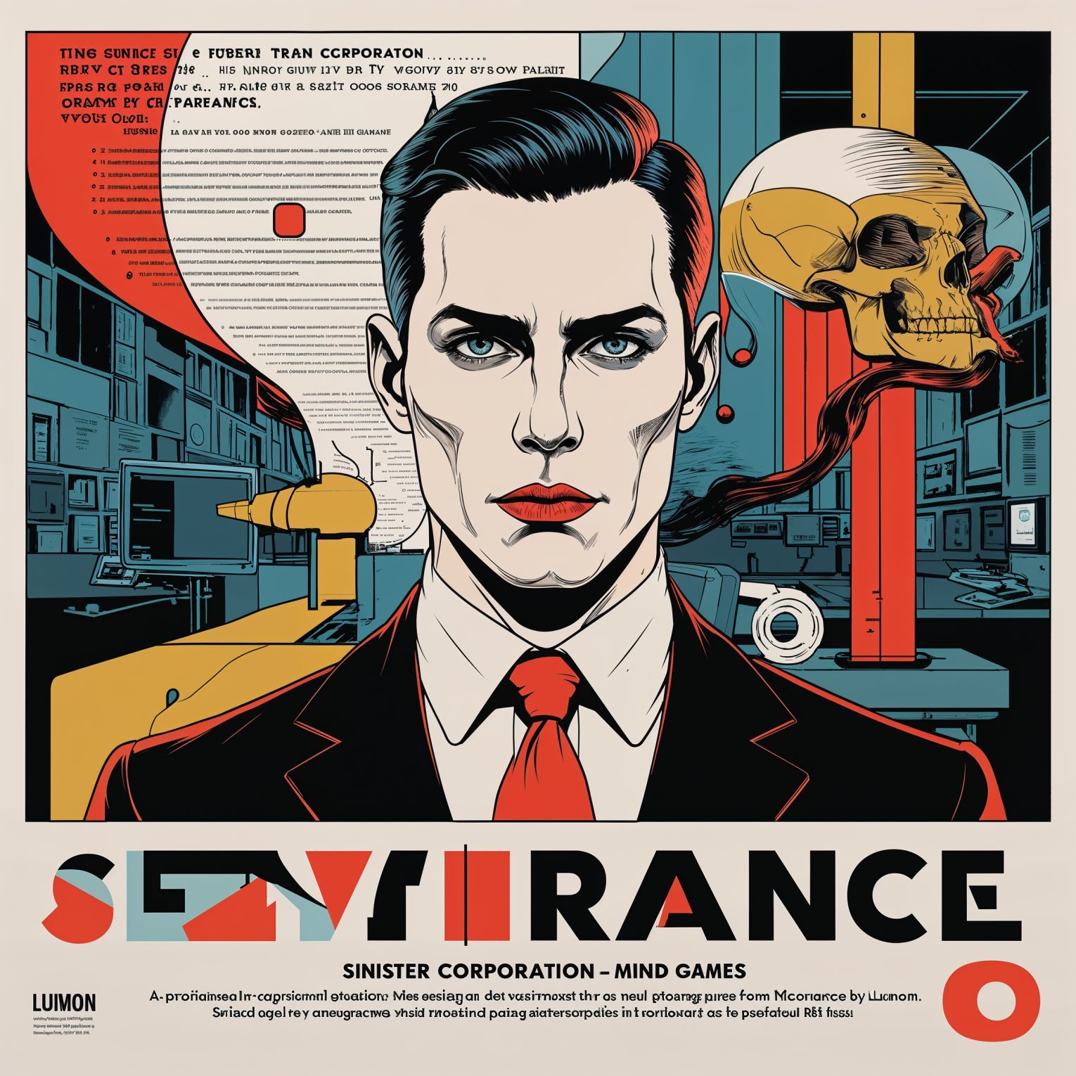 Professional graphic design in a pop art style for an advertising campaign inspired by the Apple TV show Severance, designed by Lumon, a sinister corporation that plays mind games, featuring elegant and cinemagraphic elements that blend dry corporate jargon with eerie subtext, creating an off-putting atmosphere that utilizes hollow HR pleasantries to hide a darker agenda below the surface, with bold colors and abstract shapes, incorporating futuristic and dystopian themes, and a sense of psychological tension, all while maintaining a polished and corporate aesthetic.