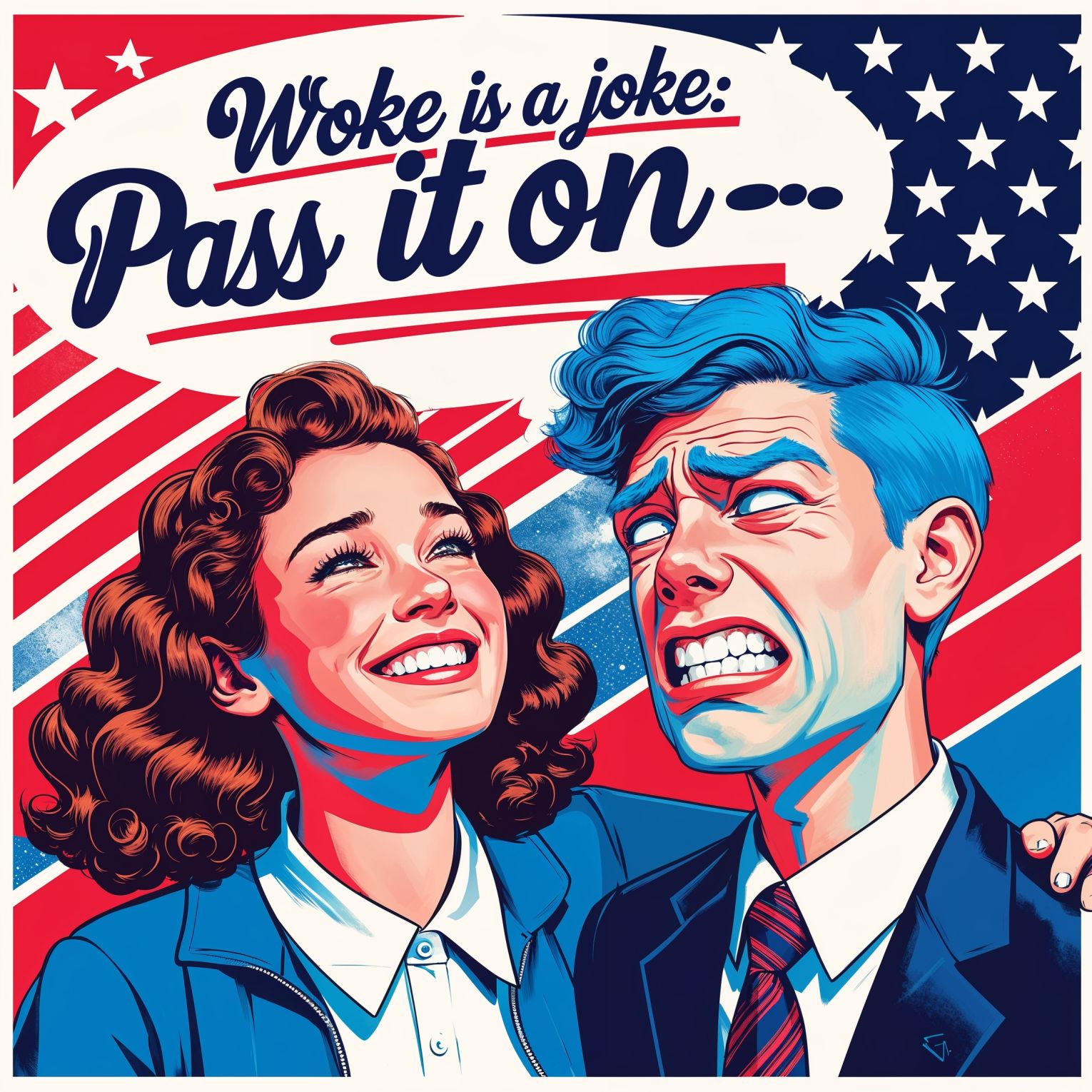 A vibrant and bold professional graphic design in pop art style, reminiscent of 1940s American propaganda posters, with a patriotic tone, featuring a central image of a bright and joyful college girl with curly brown hair and a warm smile, whispering a secret to a college boy with bright blue hair, his facial features contorted in a comical expression of disappointment with exaggerated eyebrows and a furrowed brow. A thought bubble, surrounded by red, white, and blue colors, with bold fonts and dynamic graphics, the text Woke Is A Joke: Pass It On emblazoned in a stylized, cursive font, with stars and stripes patterns in the background, blending nostalgia with modern pop art sensibilities, and clean lines, geometric shapes, and a mix of digital and hand-drawn elements, exuding a sense of satire and humor.