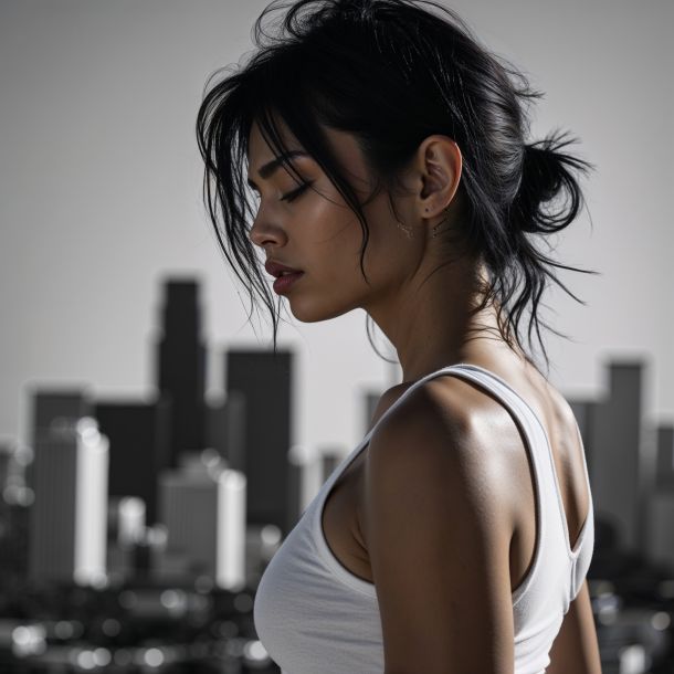A cinematic keyframe in close-up, side profile, of a beautifully discontent woman set against the dramatic black and white backdrop of the LA skyline. She wears a crisp white tank top, her messy black hair falling in loose strands, one of which gently crosses over her eye. Her skin has a rich, sun-kissed glow. Though her eyes are closed, as if lost in thought or gazing downward at her shoes, her posture exudes confidence, with shoulders back, cheeks lifted, and lips set in a determined line. Her head may be heavy, but her spirit remains unbroken. The image is shot with a shallow depth of field, incorporating a vignette and bokeh effect, evoking the feel of Kodak Porta 400 and Cinestill 800 film, captured through the lens of a Leica M10, with cinematic color grading and lighting that accentuates the depth of her emotions.