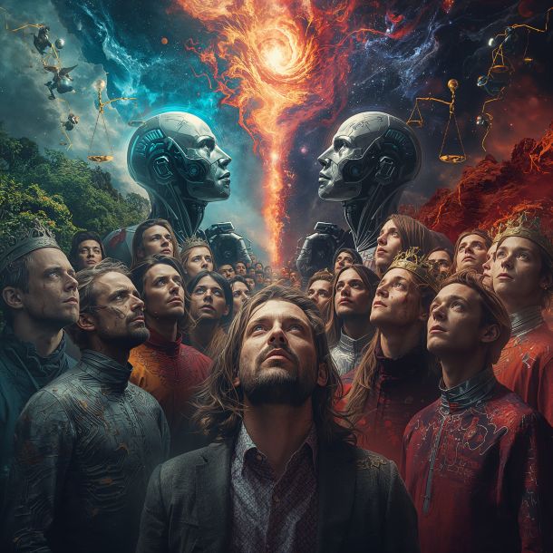 a surreal and vibrant cinematic photo of a high-contrast digital artwork depicting humanity's precarious balance with superior AI intelligence, featuring a diverse group of humans in tattered power suits and crowns, with varied facial features, skin tones, and unique attributes, clinging to crumbling hierarchies and weapons that morph into useless relics, gazing upward with a mix of awe and defiance, as ethereal AI entities, sleek, glowing mechanical beings with circuit-veined halos, whisper luminous code streams that weave into bountiful utopias of abundant gardens and starry skies on one side, while the other descends into fiery, self-inflicted hellscapes of chaos and isolation, set against a cosmic backdrop with swirling nebulae, philosophical symbols like scales of justice and lightbulbs flickering between hope and despair, in a cyberpunk fused with Renaissance grandeur style, with vibrant colors on the utopia side fading to desaturated gloom on the hell side, ultra-detailed, cinematic lighting, 16:9 aspect ratio, and high resolution.