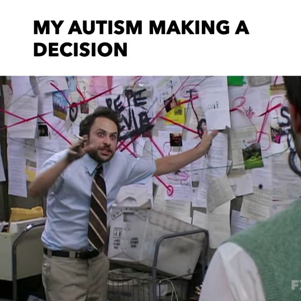 Charlie Day meme. It's Always Sunny In Philadelphia. My autism making a decision: Charlie frazzled in the war room.